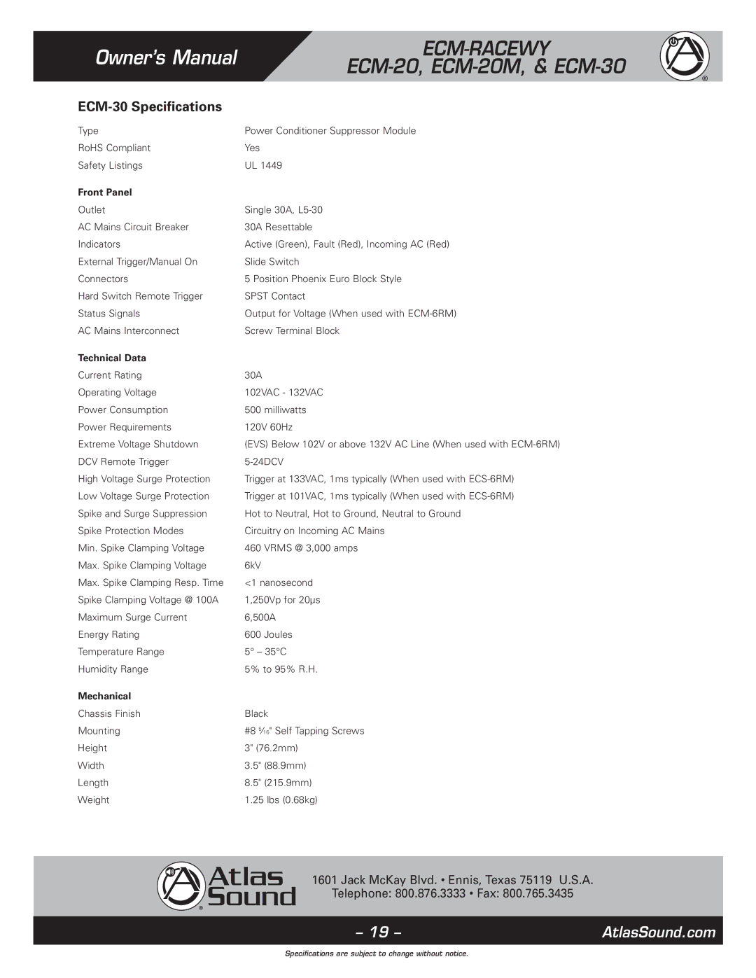 Atlas Sound ECM-20M, 1, ECM-RACEWY6 specifications ECM-30 Specifications 