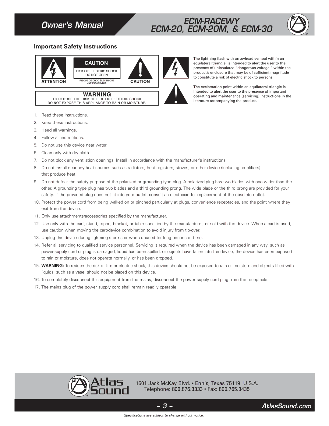 Atlas Sound 1, ECM-20M, ECM-RACEWY6, ECM-30 specifications Important Safety Instructions 