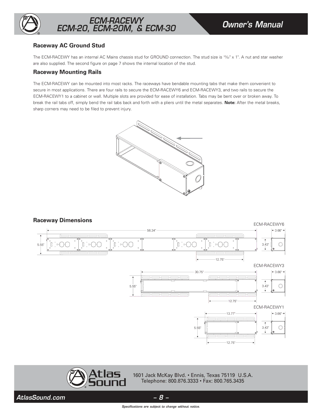 Atlas Sound ECM-RACEWY6, 1, ECM-20M, ECM-30 specifications Raceway AC Ground Stud, Raceway Mounting Rails, Raceway Dimensions 