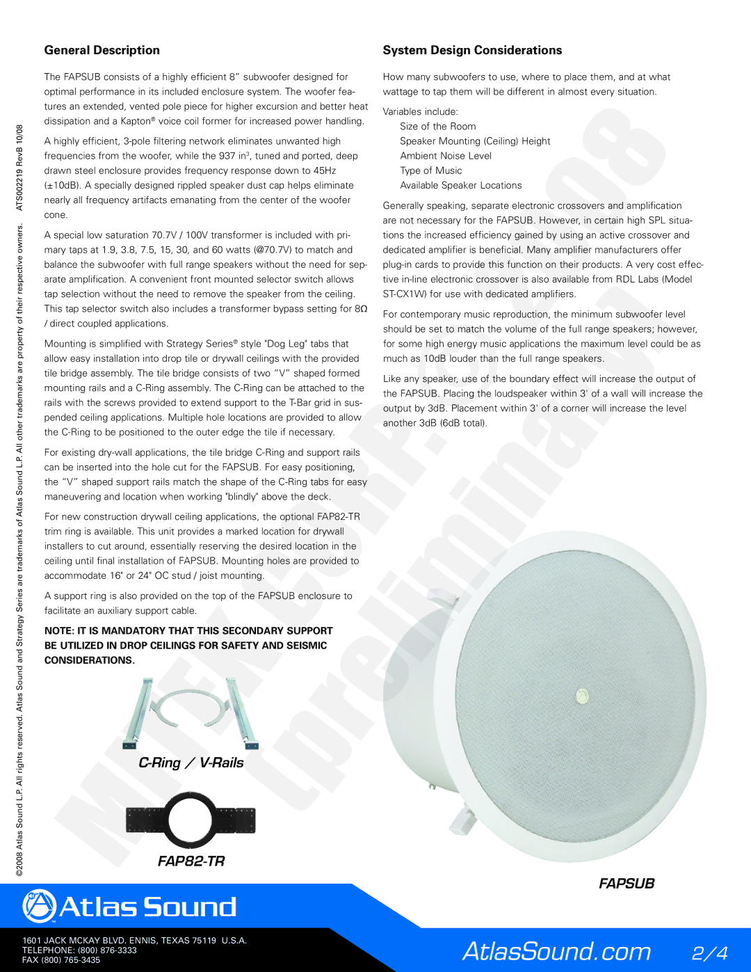 Atlas Sound 100V, 70.7V specifications General Description System Design Considerations, Corp 