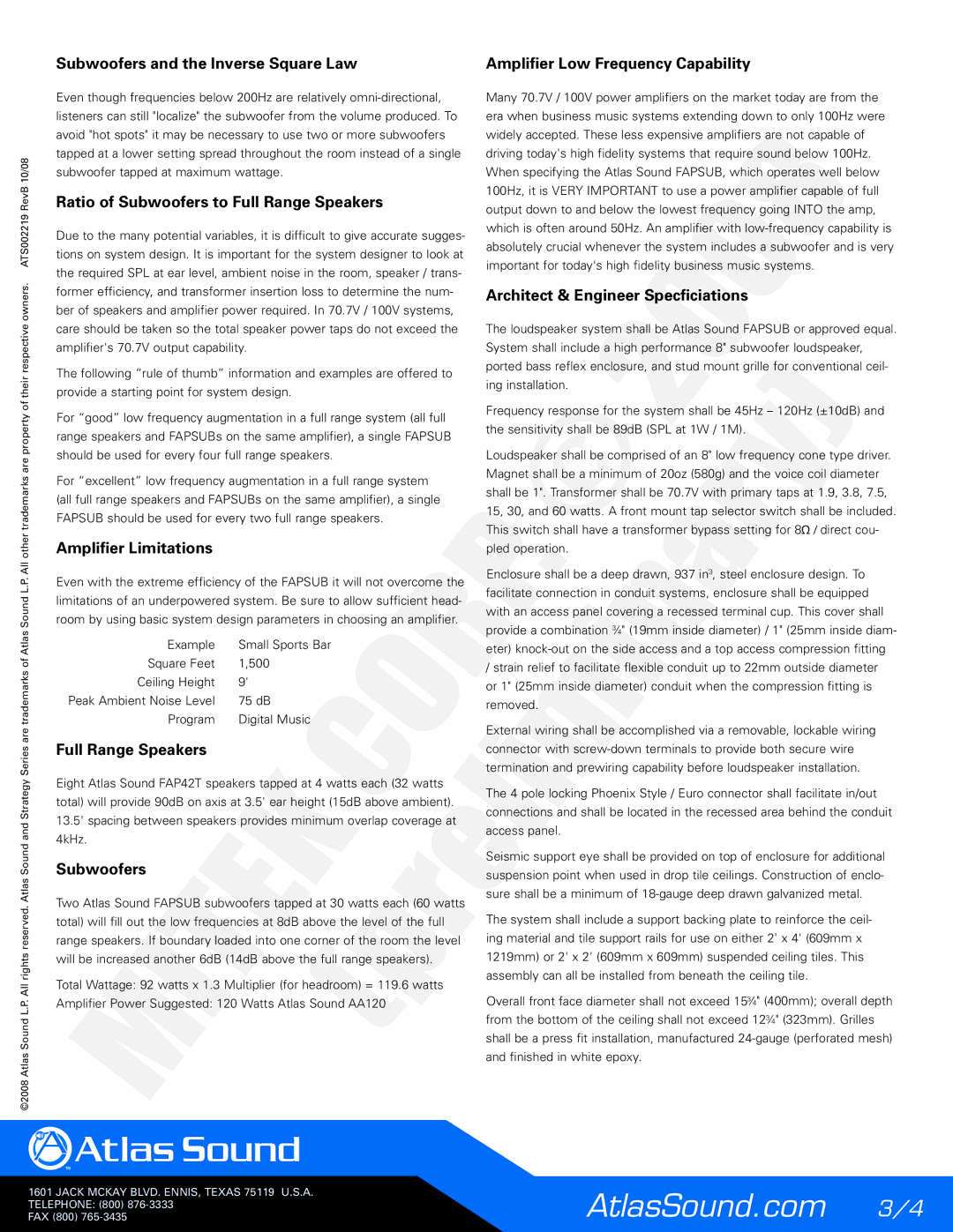 Atlas Sound 70.7V Ratio of Subwoofers to Full Range Speakers, Architect & Engineer Specficiations, Amplifier Limitations 