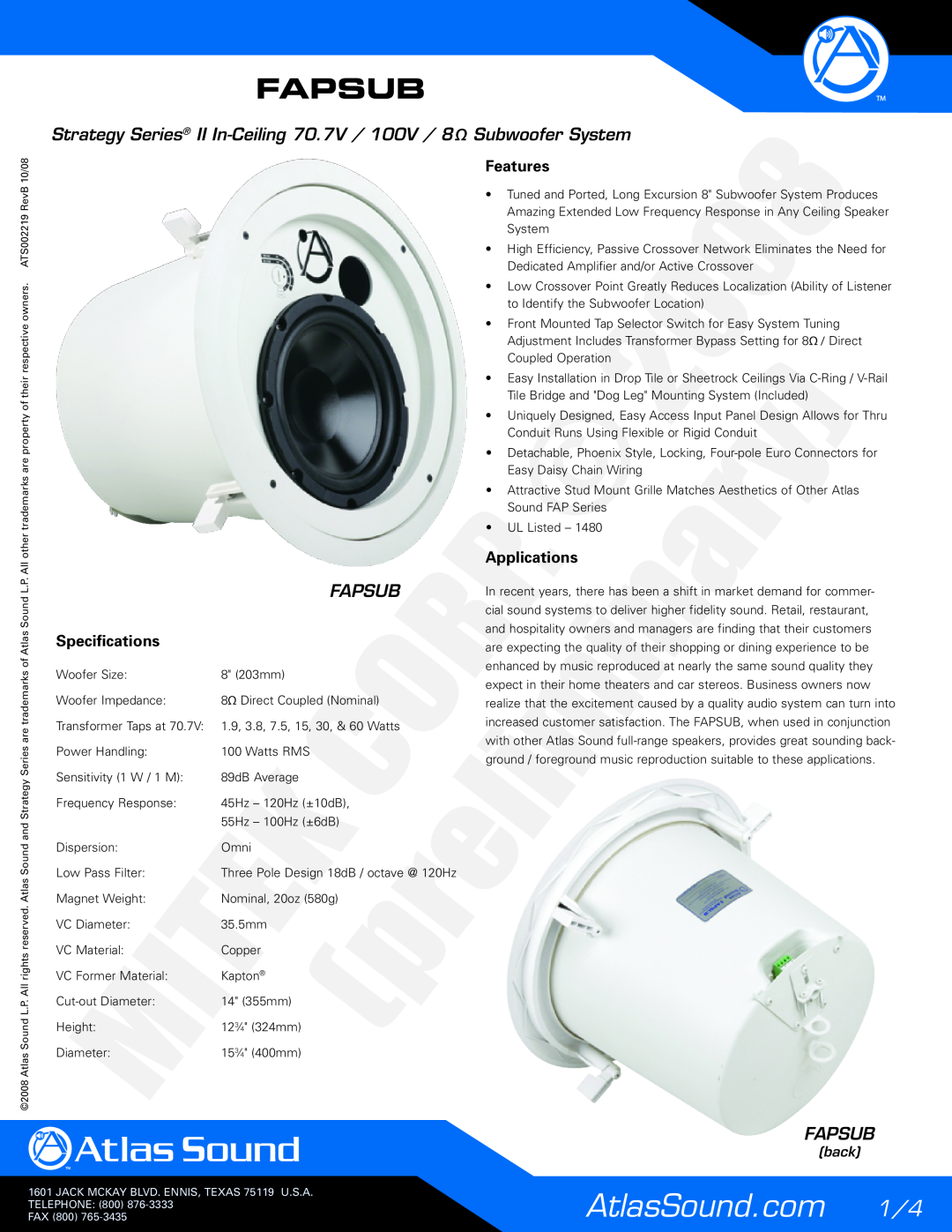 Atlas Sound 70.7V, 100V specifications Fapsub, Specifications, Features, Applications, back 