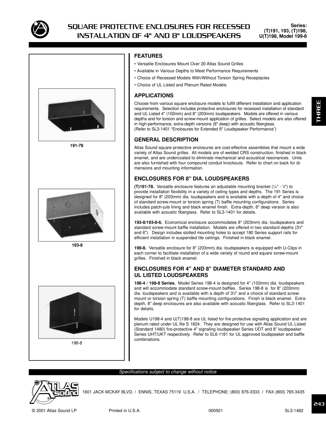 Atlas Sound 193-8, 199-8 specifications Features, Applications, General Description, Enclosures for 8 DIA. Loudspeakers 