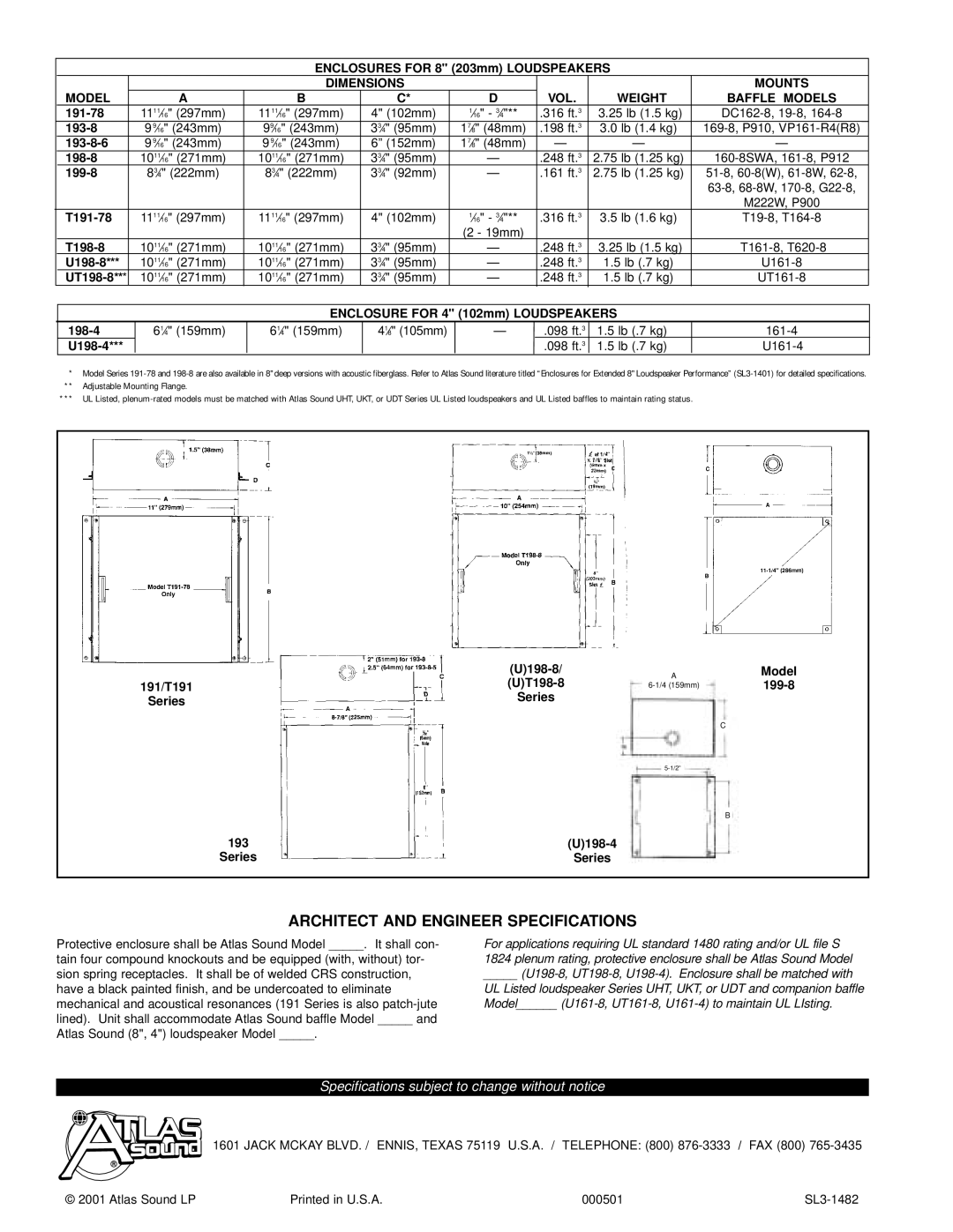 Atlas Sound 198-8, 199-8, 193-8 specifications Architect and Engineer Specifications 