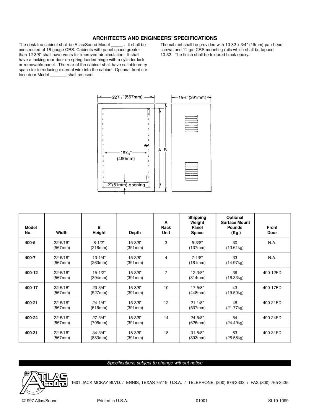 Atlas Sound 400 Series specifications Architects and ENGINEERS’ Specifications 