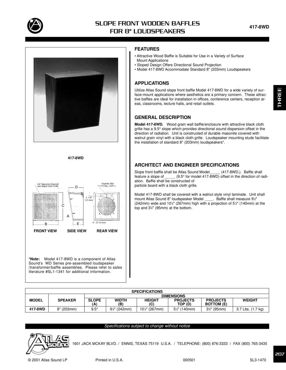 Atlas Sound 417-8WD specifications Slope Front Wooden Baffles For 8 Loudspeakers, Three 