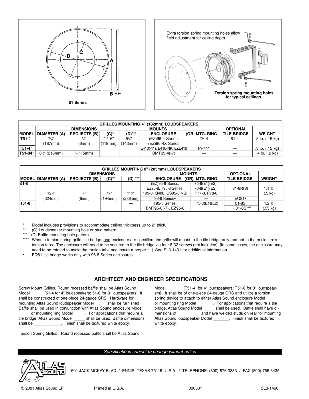 Atlas Sound specifications Architect and Engineer Specifications, T51-8 