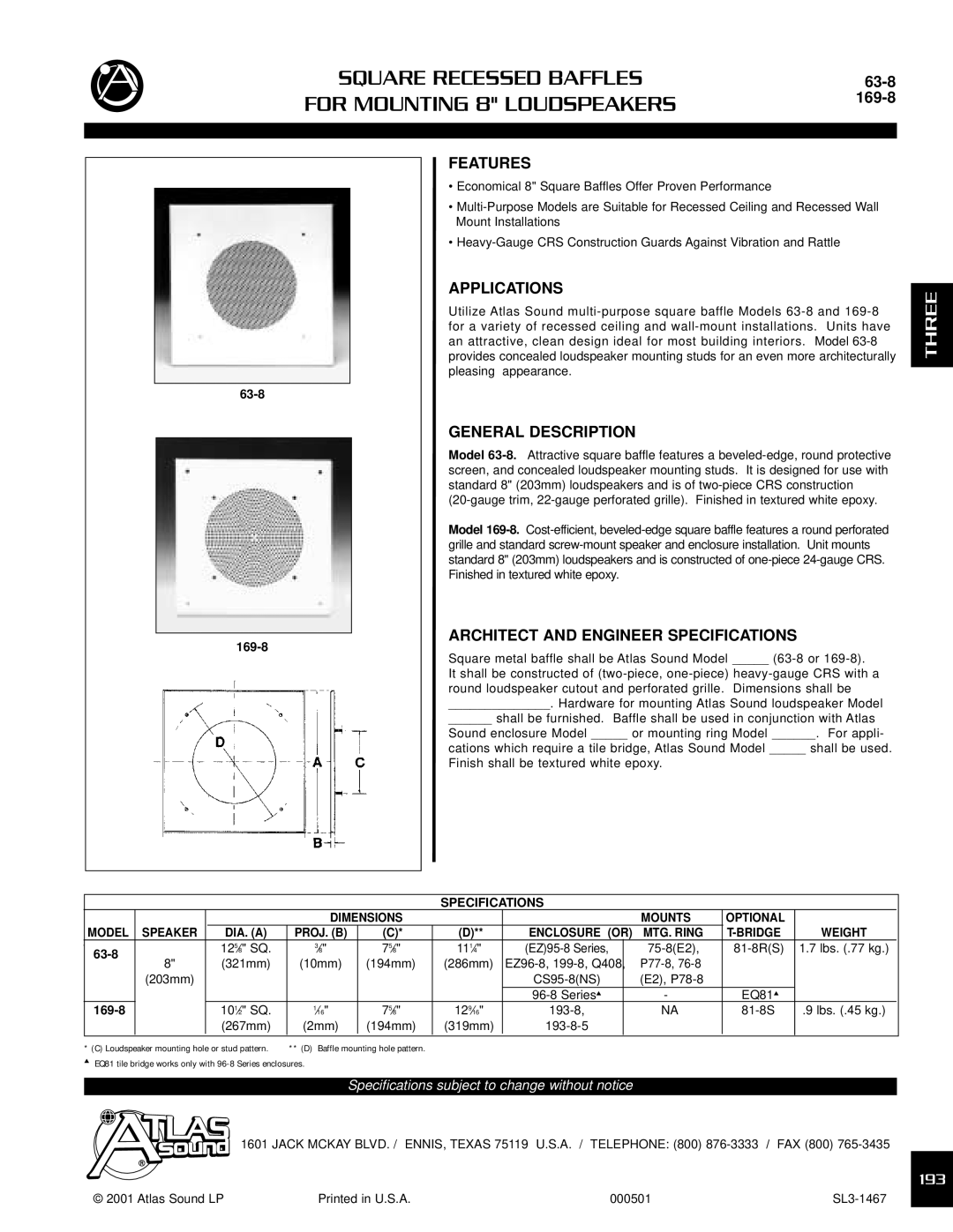 Atlas Sound 169-8, 63-8 specifications Features, Applications, General Description, Architect and Engineer Specifications 