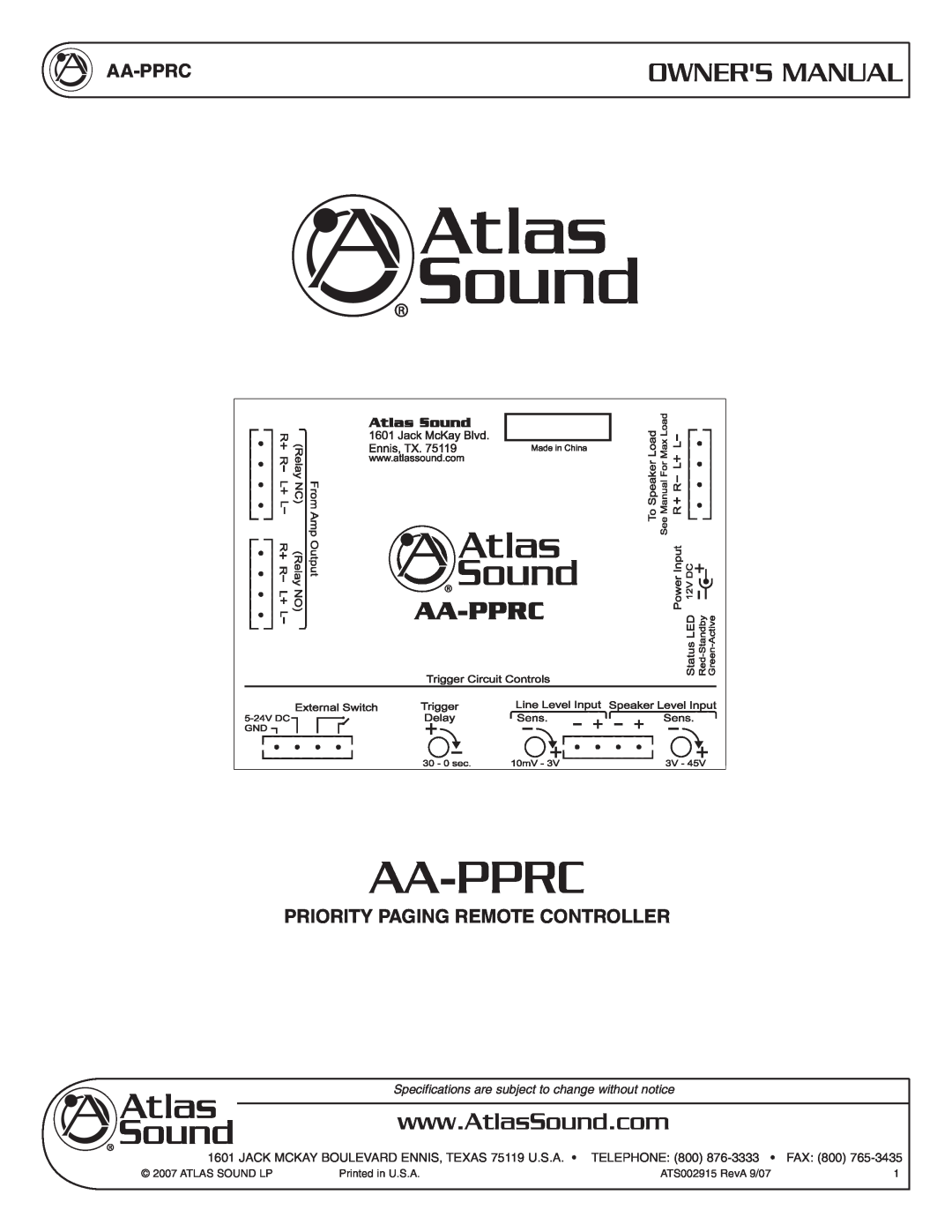Atlas Sound AA-PPRC owner manual Owners Manual, Aa-Pprc, Priority Paging Remote Controller, TELEPHONE 800, FAX 800 
