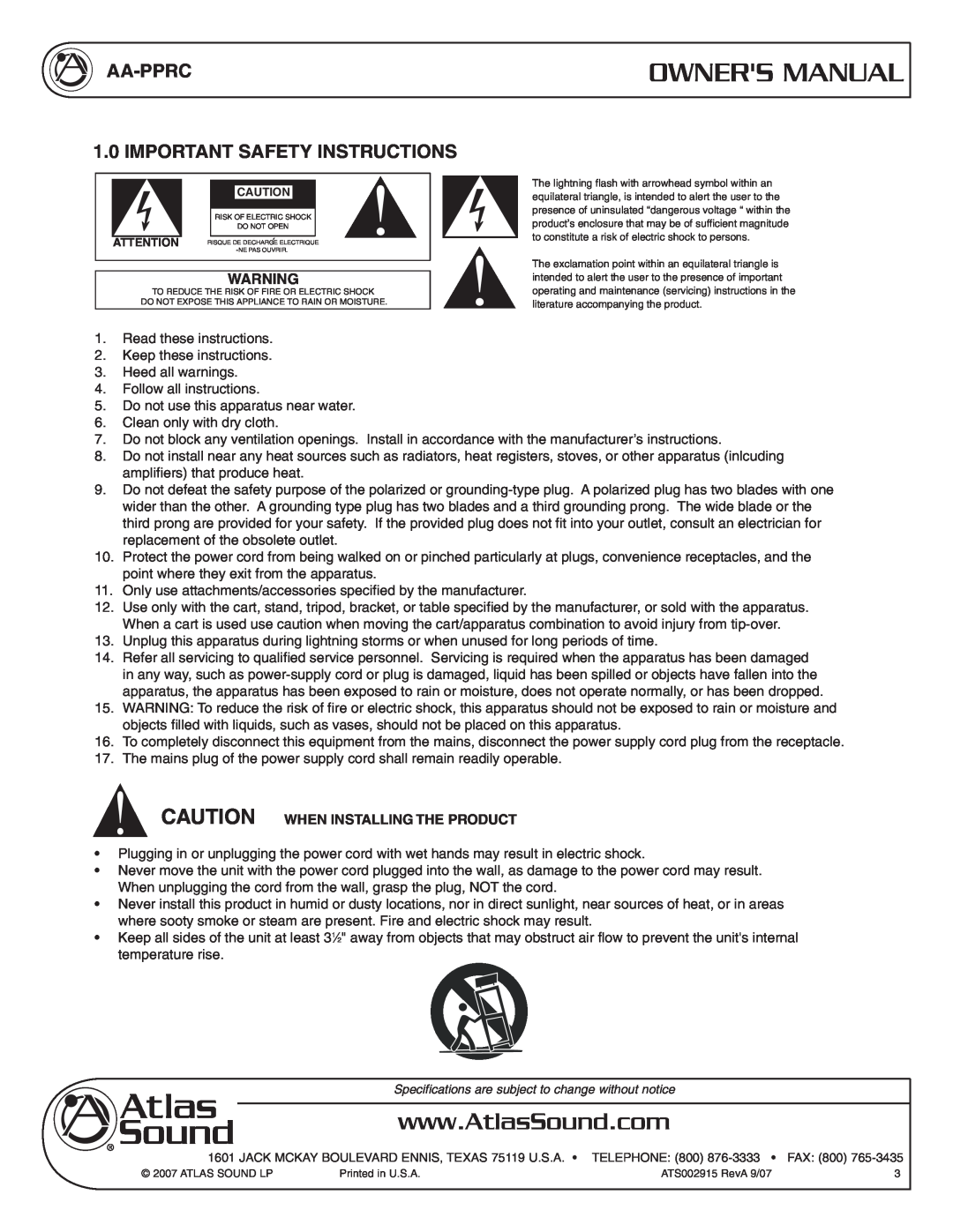 Atlas Sound owner manual Owners Manual, AA-PPRC 1.0 IMPORTANT SAFETY INSTRUCTIONS, Caution When Installing The Product 