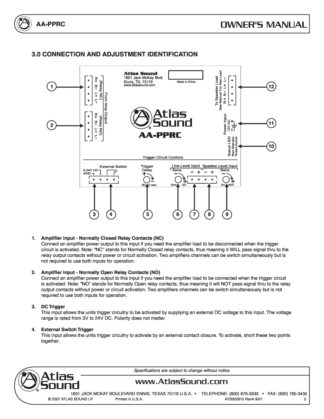 Atlas Sound AA-PPRC 3.0 CONNECTION AND ADJUSTMENT IDENTIFICATION, Amplifier Input - Normally Closed Relay Contacts NC 