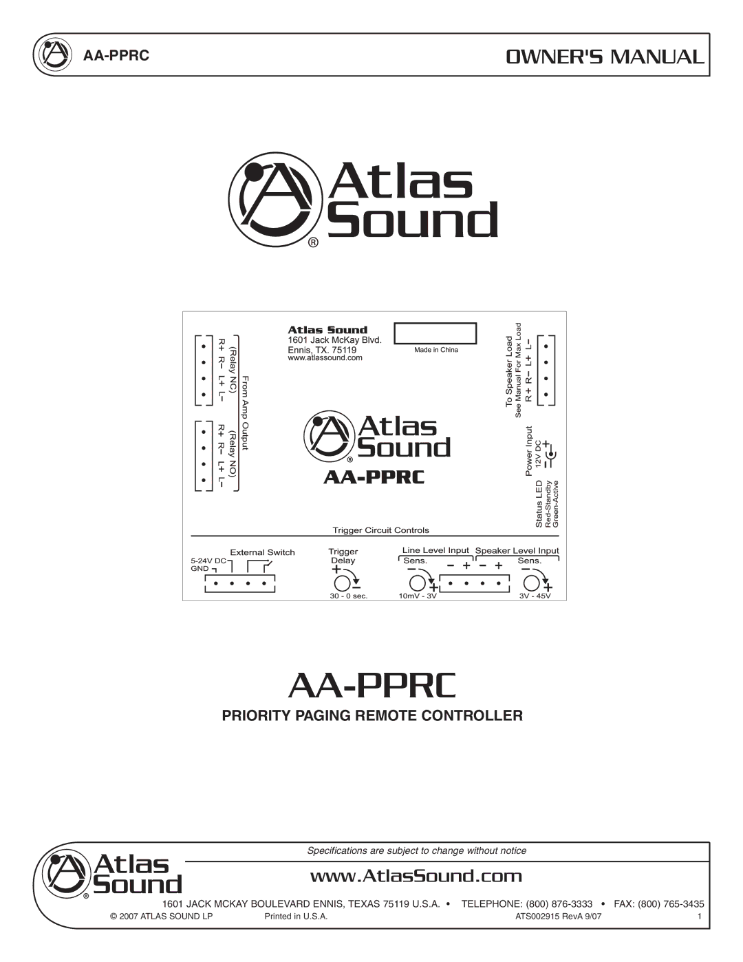 Atlas Sound AA-PPRC owner manual Aa-Pprc, Priority Paging Remote Controller 