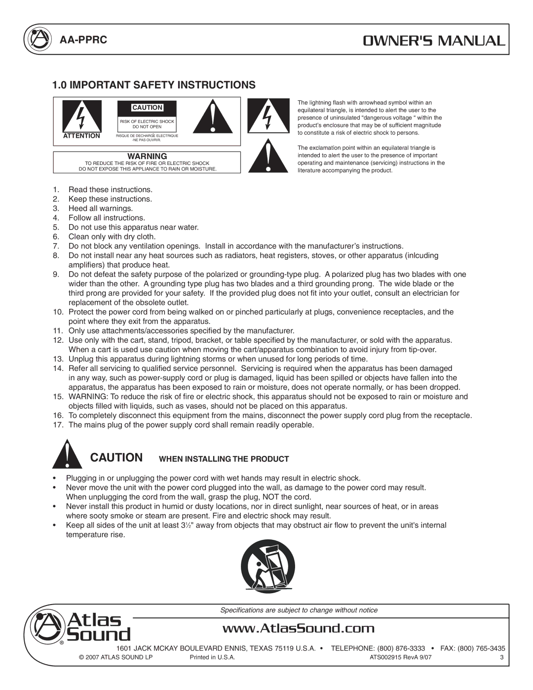 Atlas Sound owner manual AA-PPRC Important Safety Instructions 