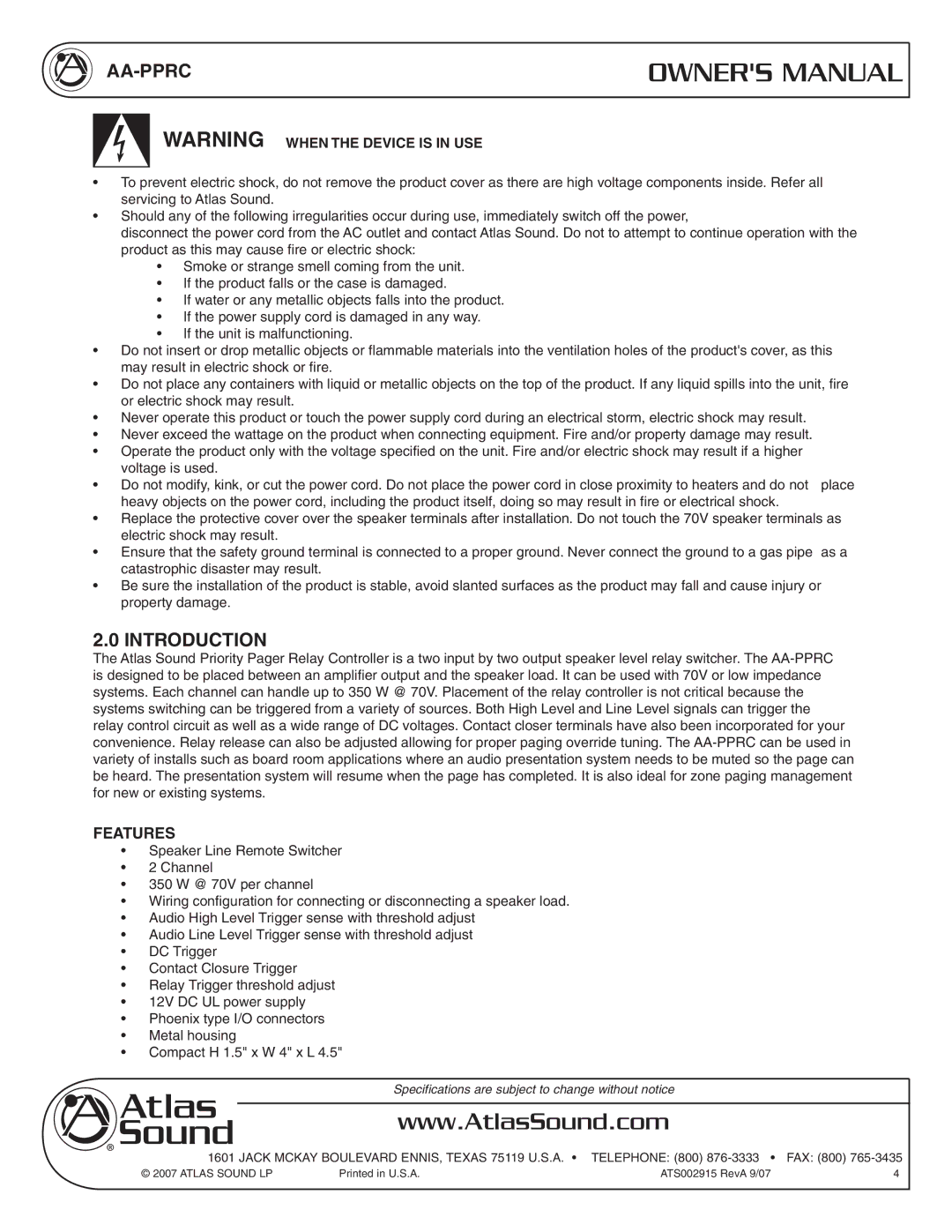 Atlas Sound AA-PPRC owner manual Introduction, Features 