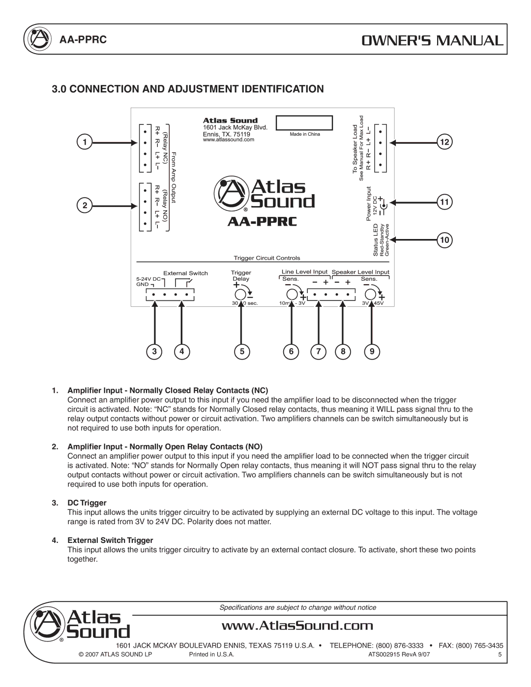 Atlas Sound AA-PPRC Connection and Adjustment Identification, Amplifier Input Normally Closed Relay Contacts NC 