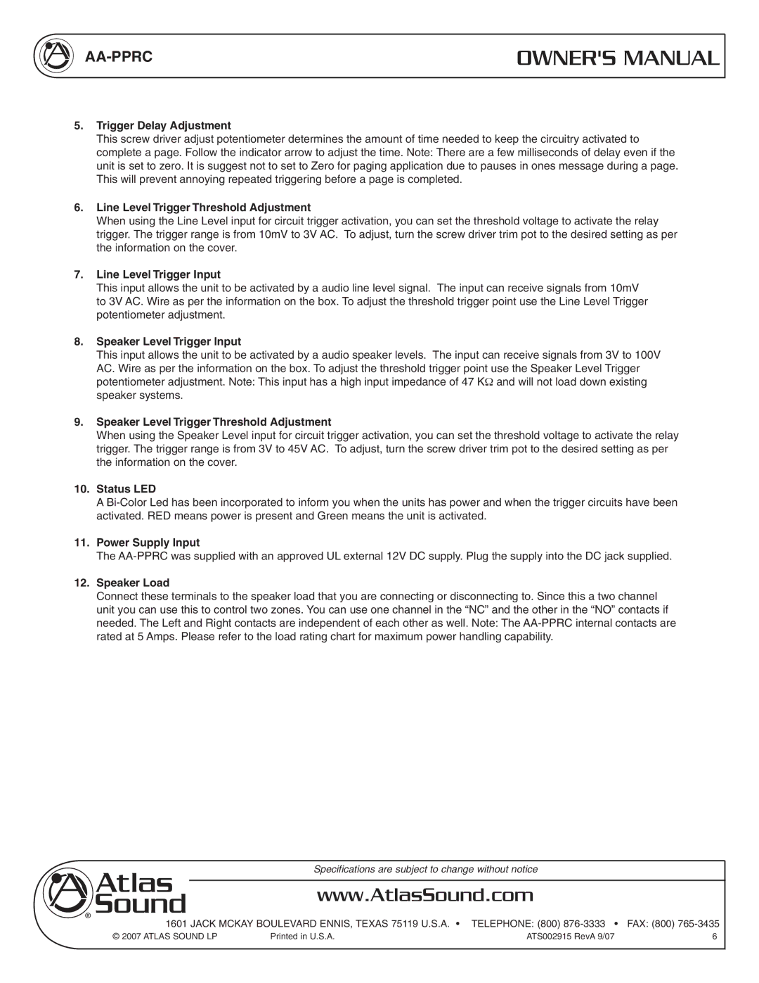 Atlas Sound AA-PPRC Trigger Delay Adjustment, Line Level Trigger Threshold Adjustment, Line Level Trigger Input 
