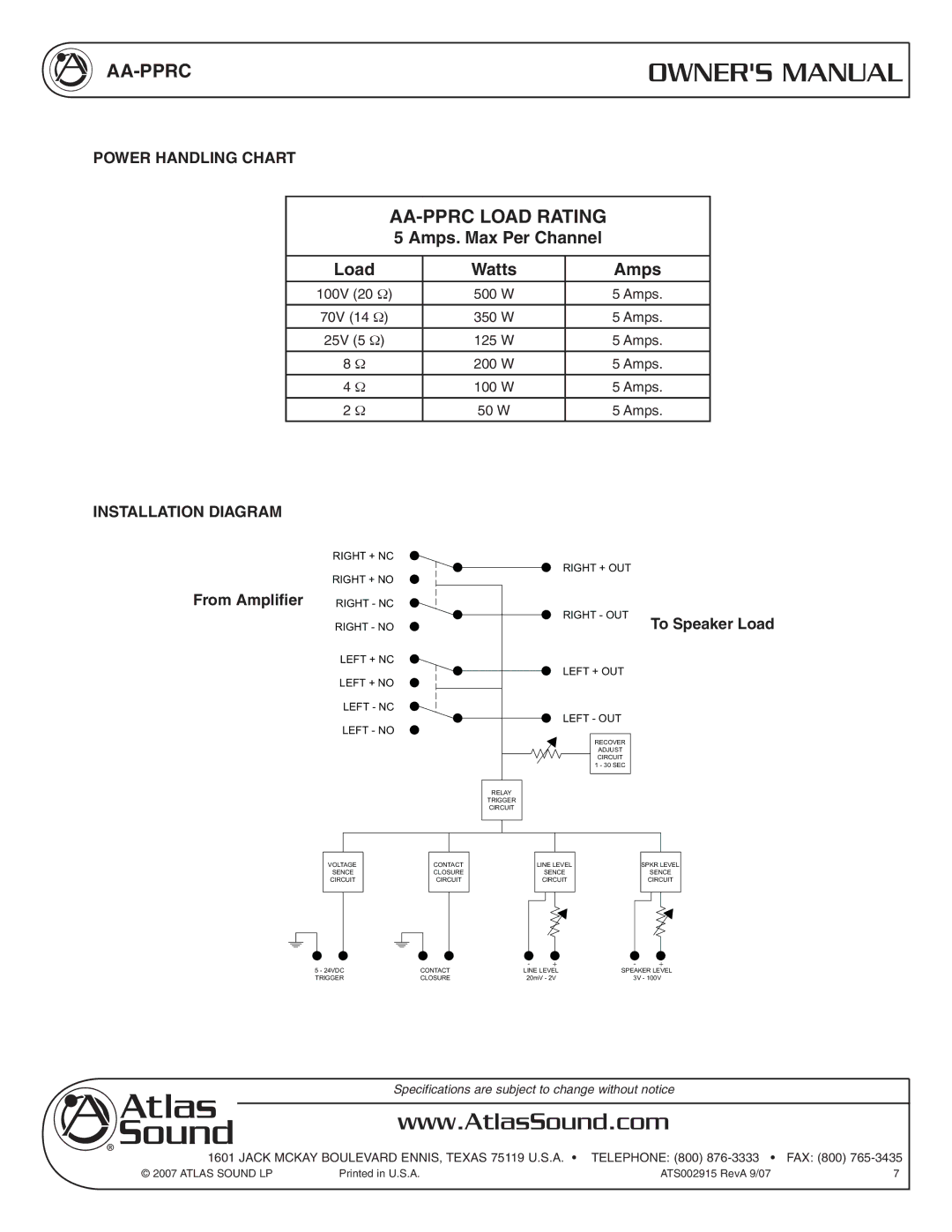 Atlas Sound owner manual AA-PPRC Load Rating, Power Handling Chart, Installation Diagram, To Speaker Load 