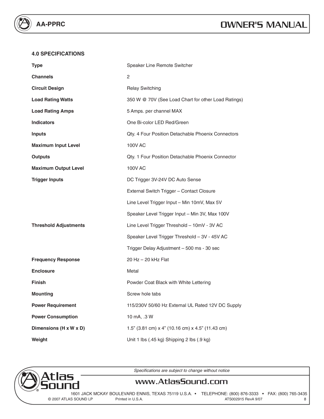 Atlas Sound AA-PPRC owner manual Specifications 