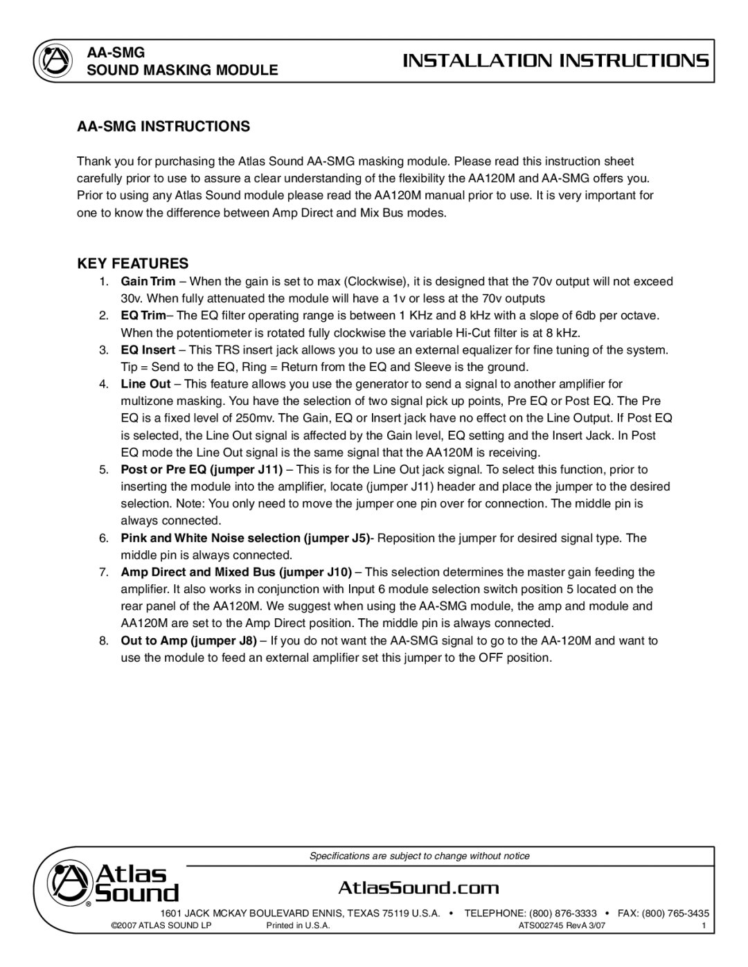 Atlas Sound specifications AA-SMG Sound Masking Module AA-SMG Instructions, KEY Features 