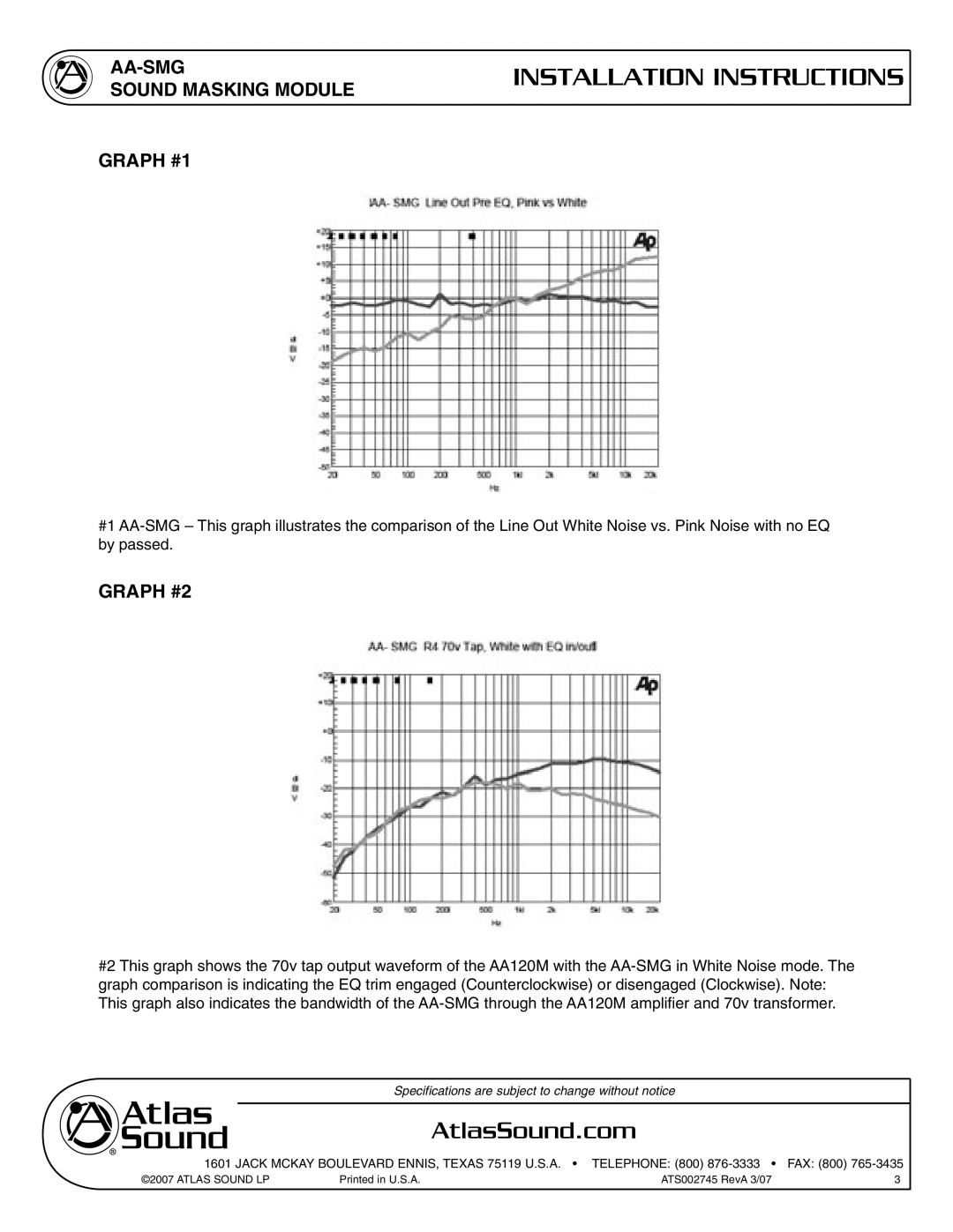 Atlas Sound specifications AA-SMG Sound Masking Module Graph #1, Graph #2 