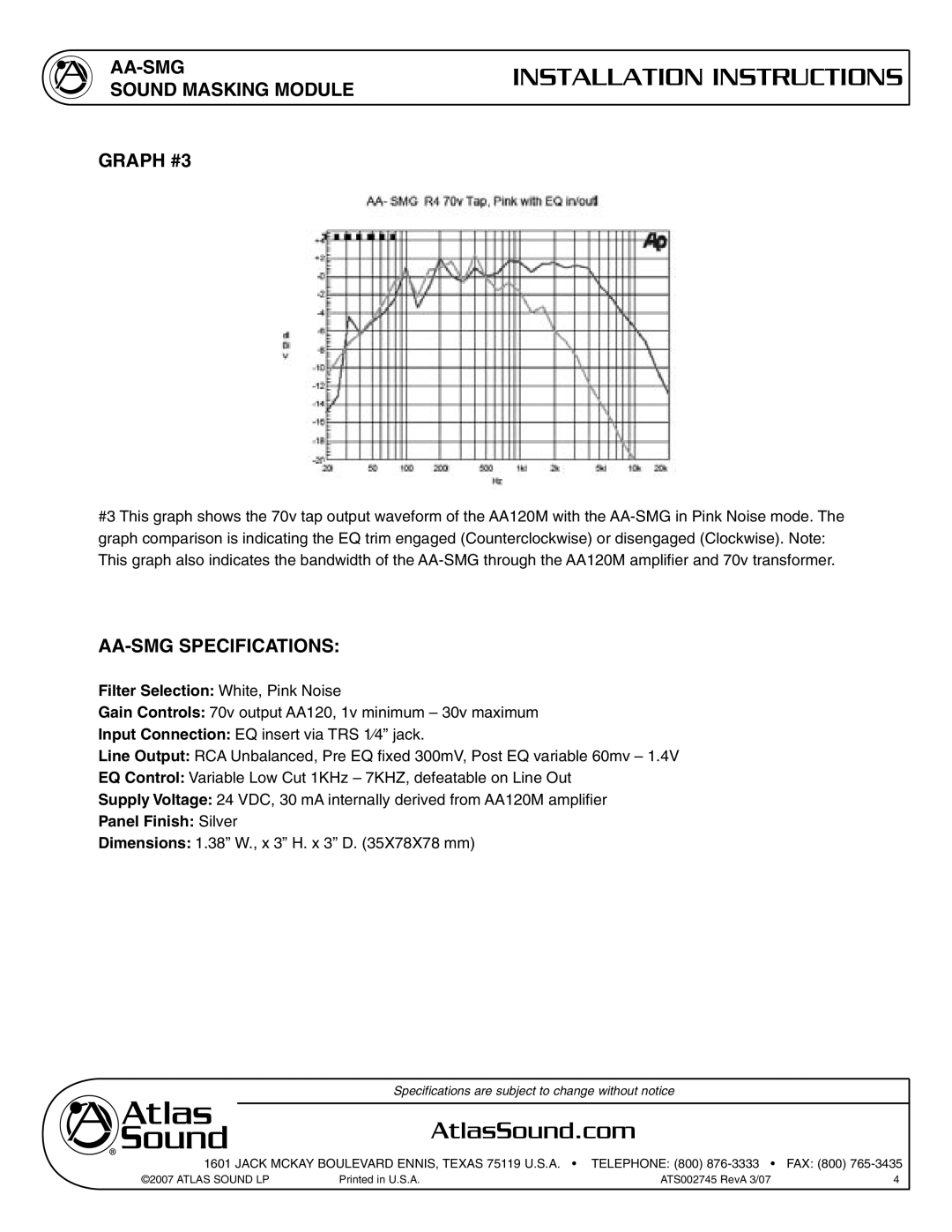 Atlas Sound specifications AA-SMG Sound Masking Module Graph #3, AA-SMG Specifications 