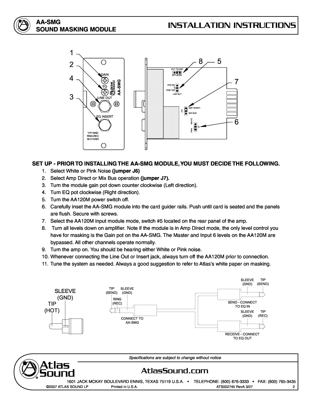 Atlas Sound AA-SMG specifications Aa-Smg Sound Masking Module, Installation Instructions, Gnd Tip 