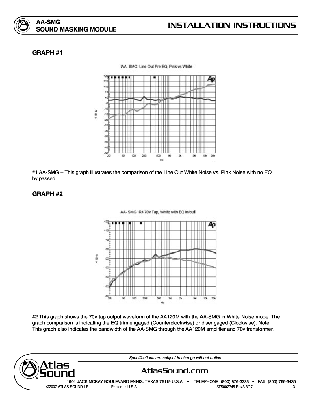 Atlas Sound specifications AA-SMG SOUND MASKING MODULE GRAPH #1, GRAPH #2, Installation Instructions, Atlas Sound Lp 