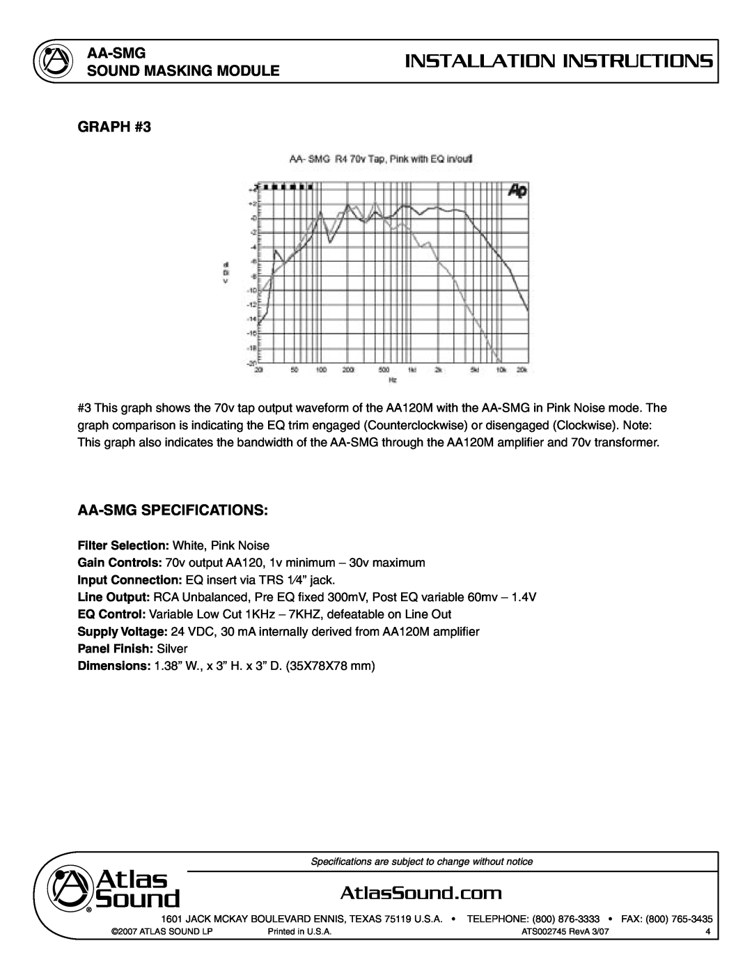 Atlas Sound AA-SMG SOUND MASKING MODULE GRAPH #3, Aa-Smgspecifications, Installation Instructions, Panel Finish Silver 