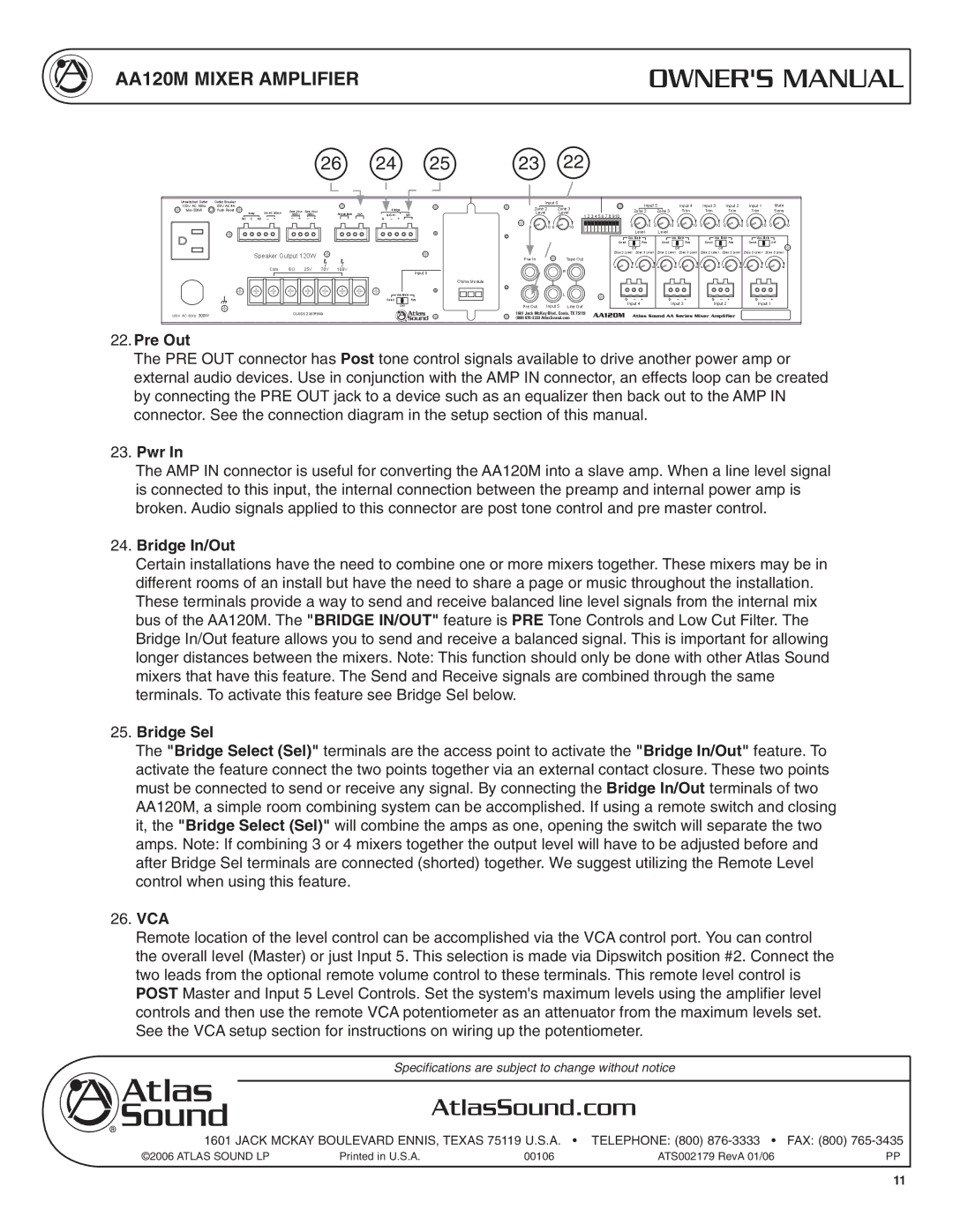 Atlas Sound AA120M specifications Pre Out, Pwr, Bridge In/Out, Bridge Sel, Vca 