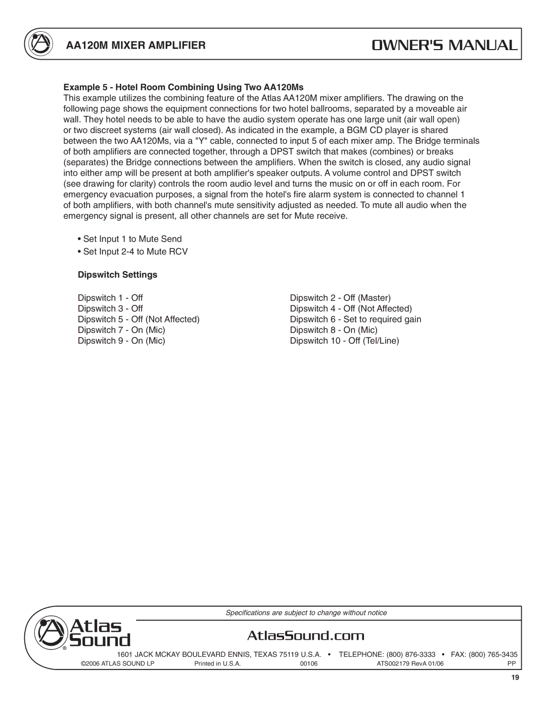 Atlas Sound specifications Example 5 Hotel Room Combining Using Two AA120Ms 