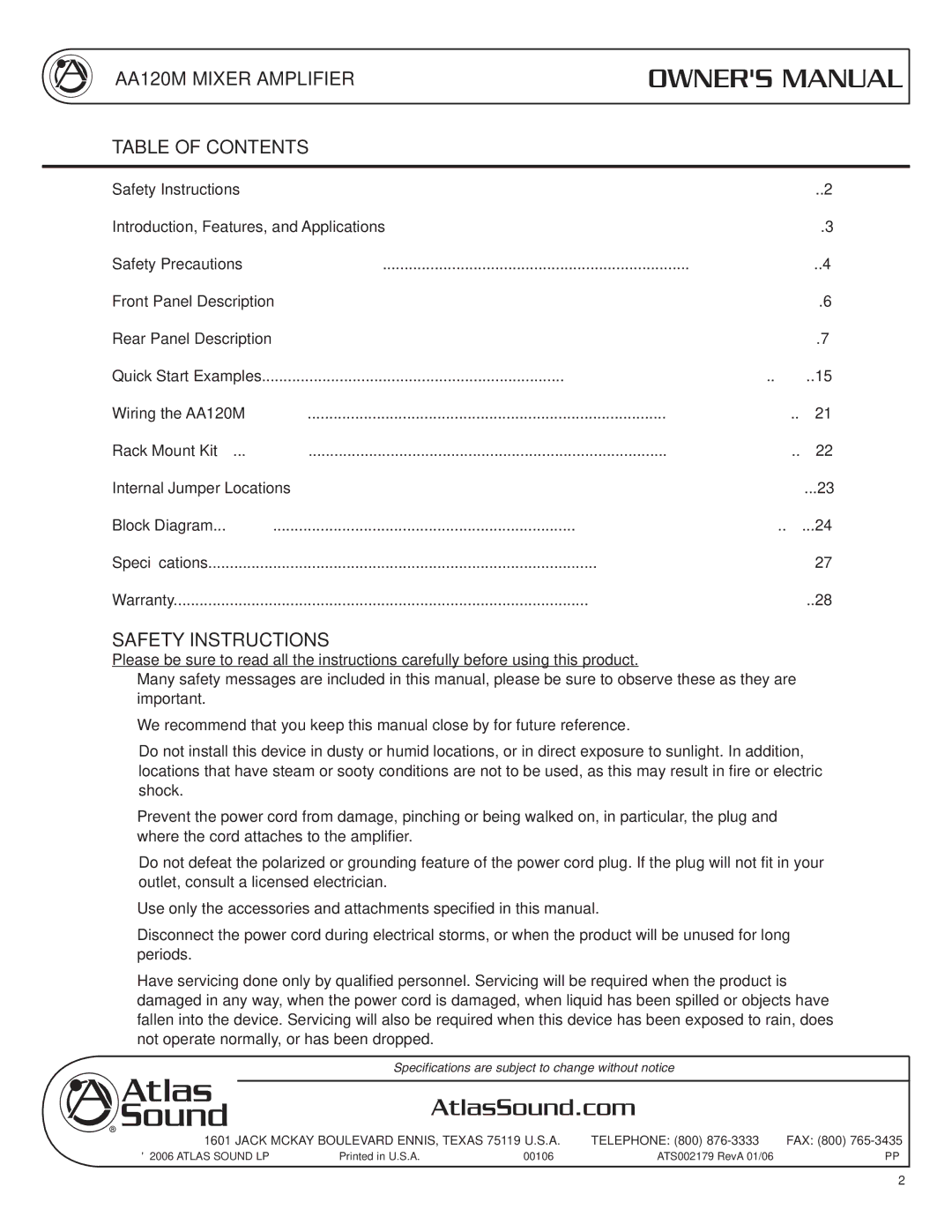 Atlas Sound specifications AA120M Mixer Amplifier Table of Contents, Safety Instructions 