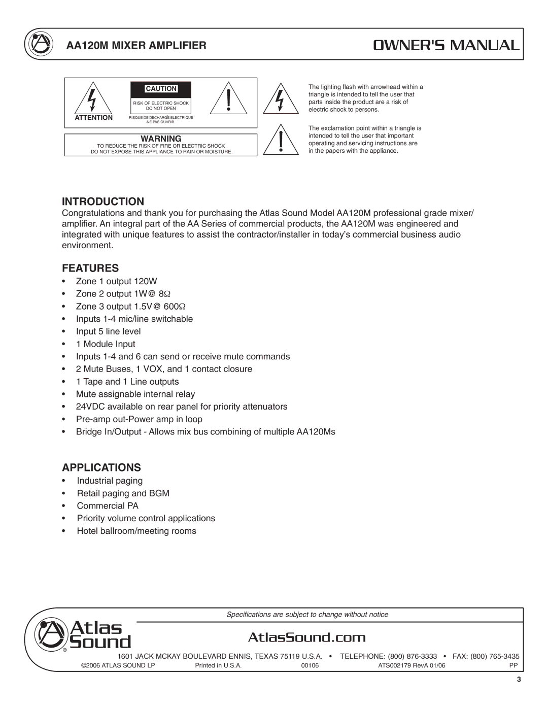 Atlas Sound AA120M specifications Introduction, Features, Applications 