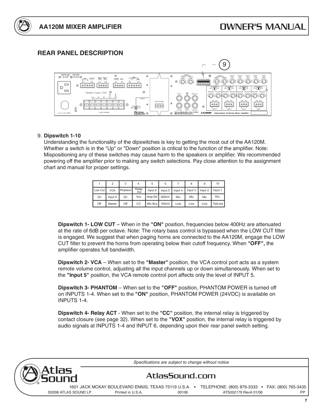 Atlas Sound specifications AA120M Mixer Amplifier Rear Panel Description, Dipswitch 