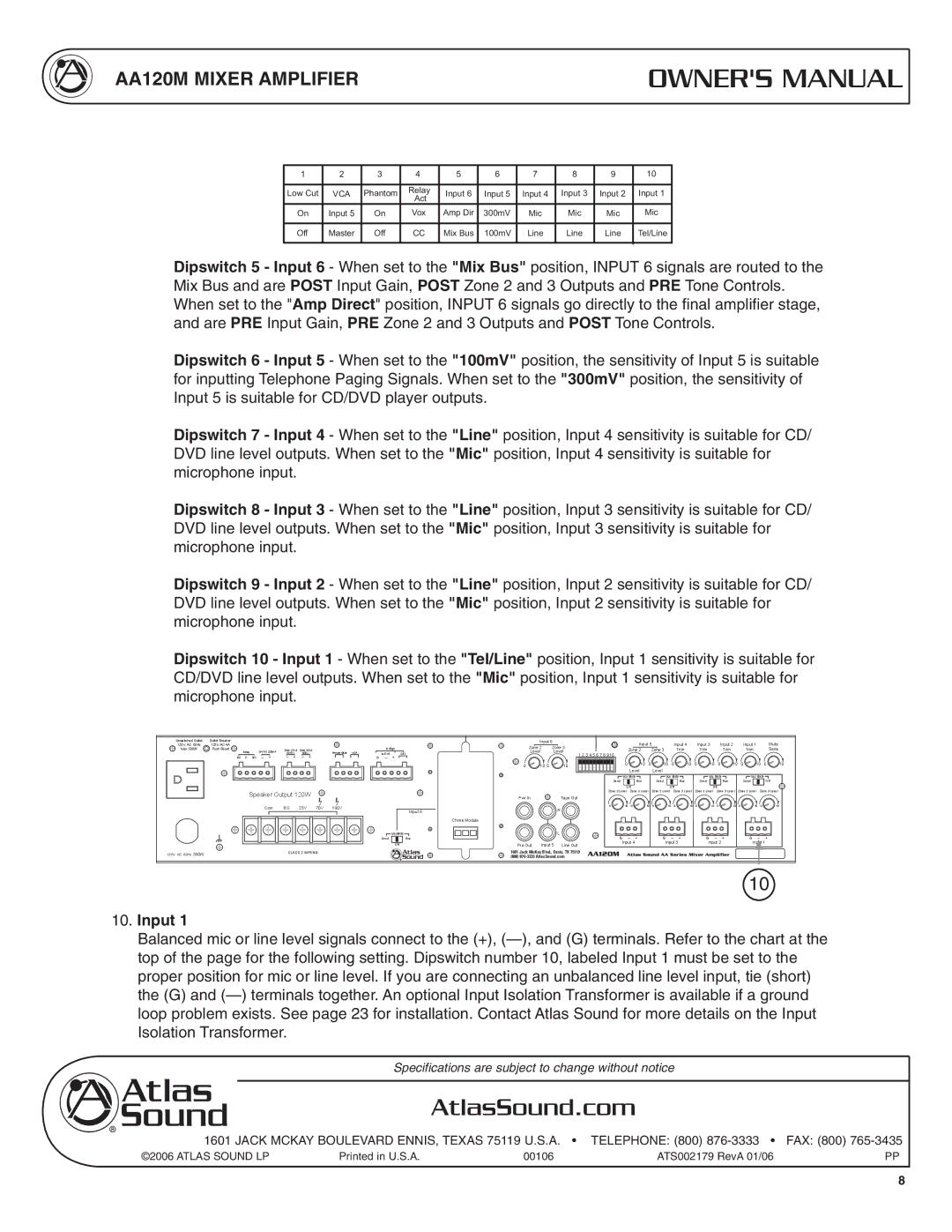 Atlas Sound specifications AA120M Mixer Amplifier, Input 