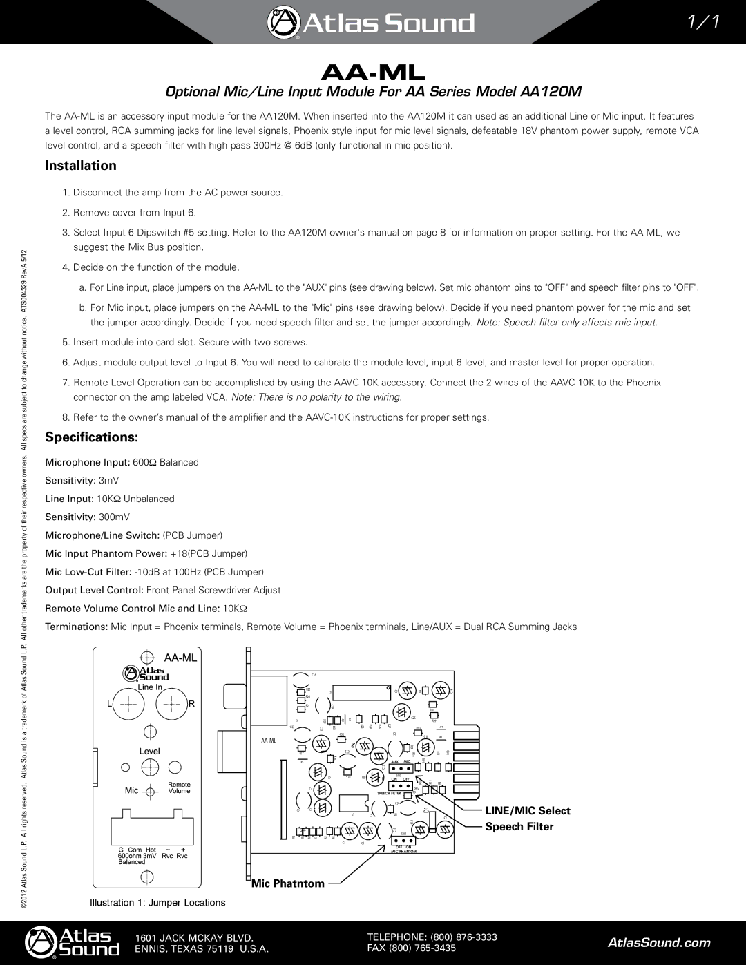 Atlas Sound specifications Aa-Ml, Optional Mic/Line Input Module For AA Series Model AA120M, Installation 