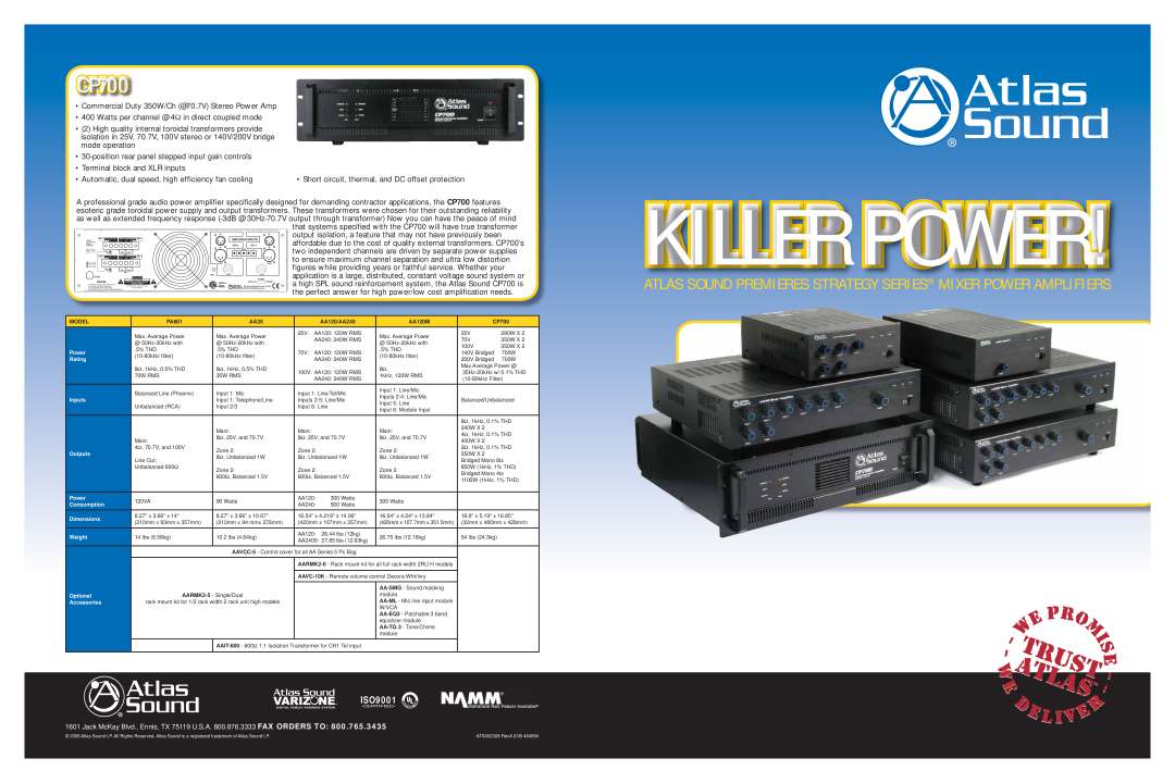 Atlas Sound AA240, AA35, PA601, AA120 user service CP700, Killer Power, ISO9001 