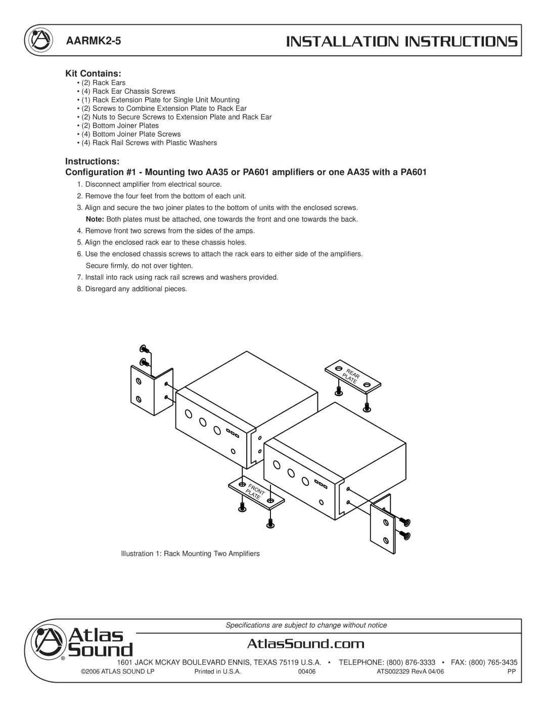 Atlas Sound AARMK2-5 installation instructions Installation Instructions, AtlasSound.com, Kit Contains 