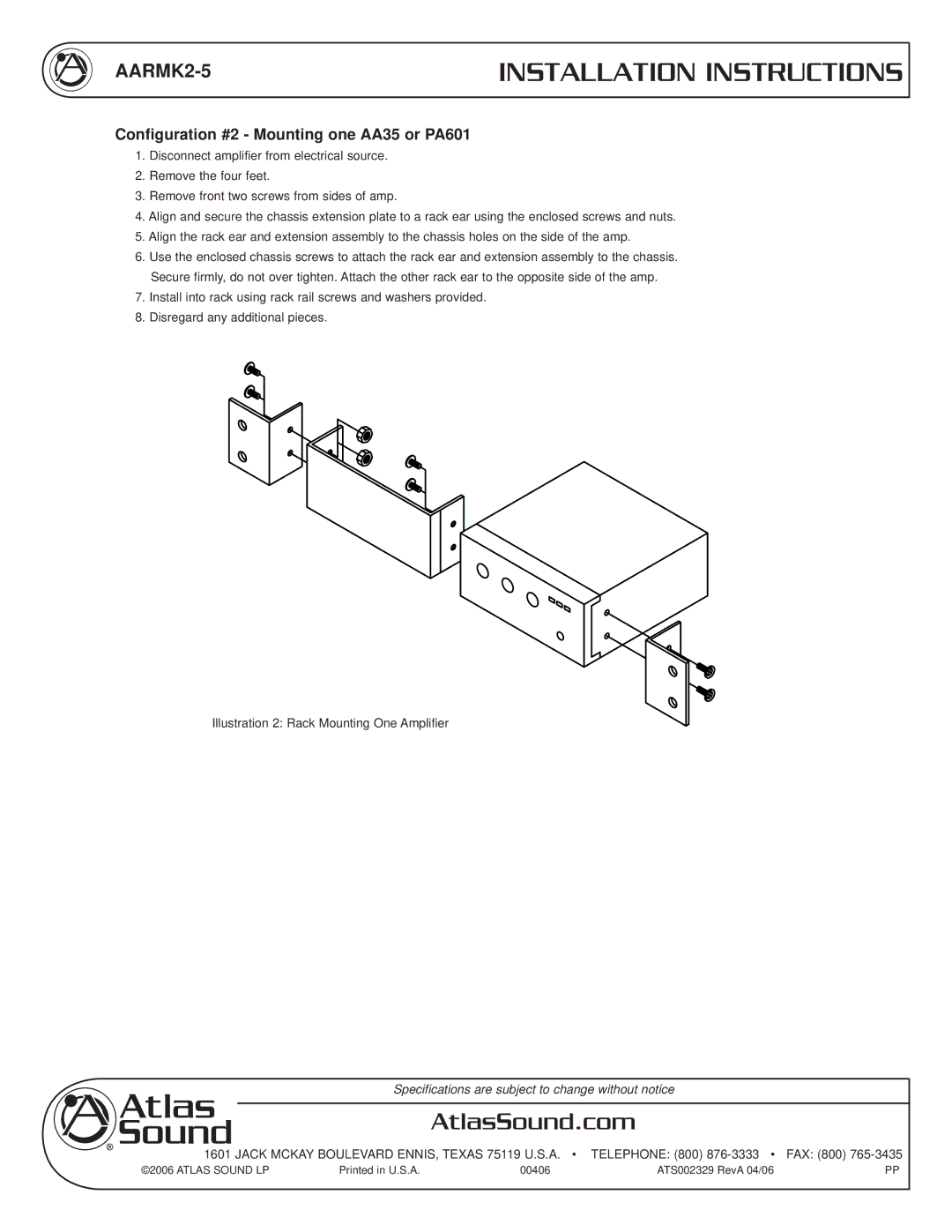 Atlas Sound AARMK2-5 installation instructions Configuration #2 Mounting one AA35 or PA601 