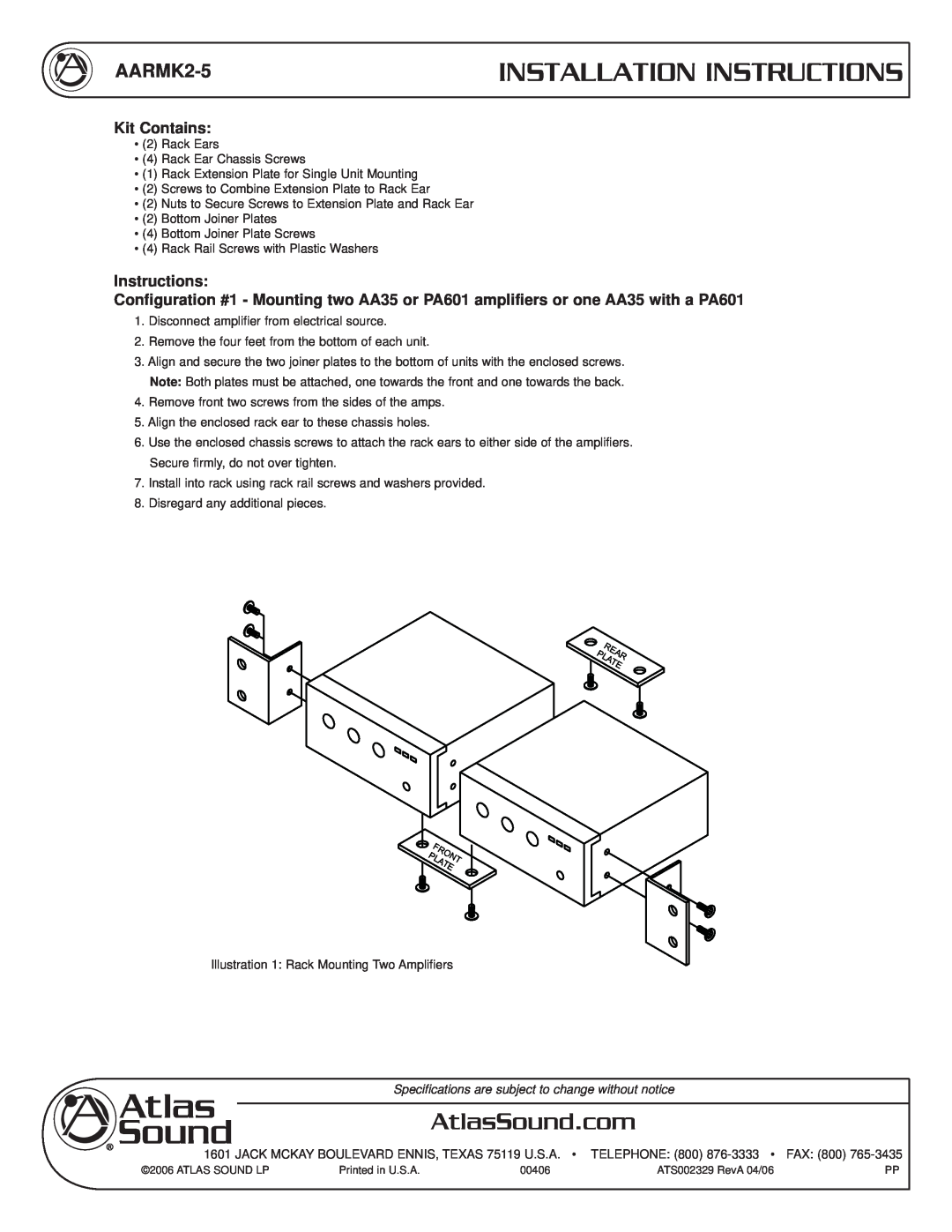 Atlas Sound AARMK2-5 installation instructions Installation Instructions, Kit Contains 