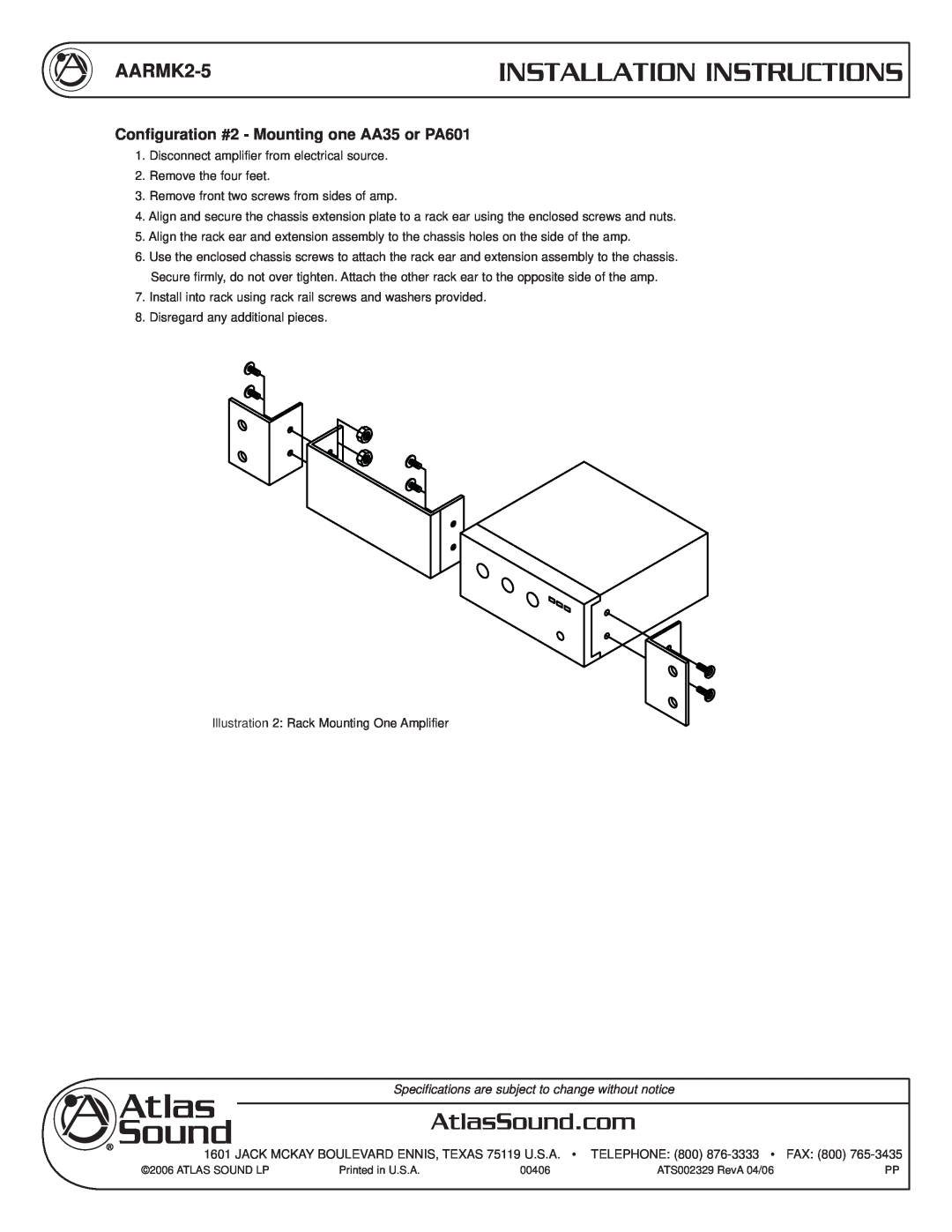 Atlas Sound AARMK2-5 installation instructions Configuration #2 - Mounting one AA35 or PA601, Installation Instructions 