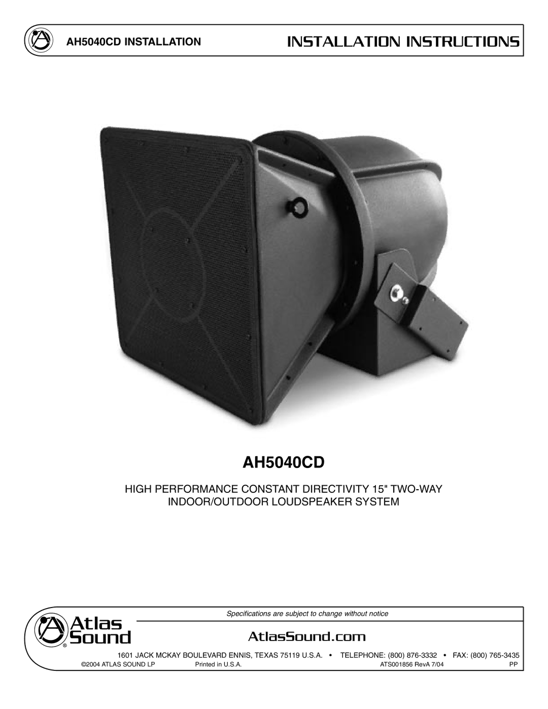 Atlas Sound AH5040CD specifications 