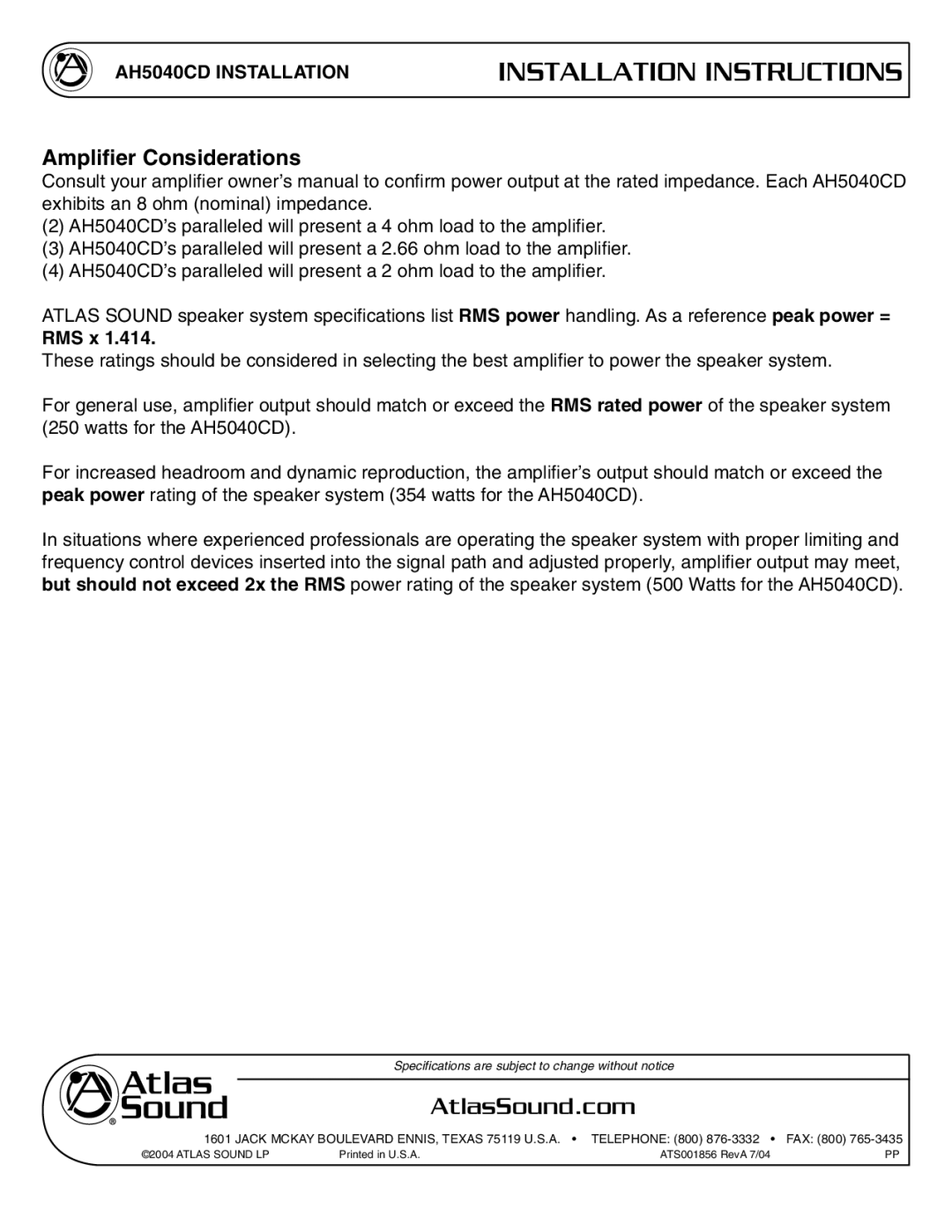 Atlas Sound AH5040CD specifications RMS x 