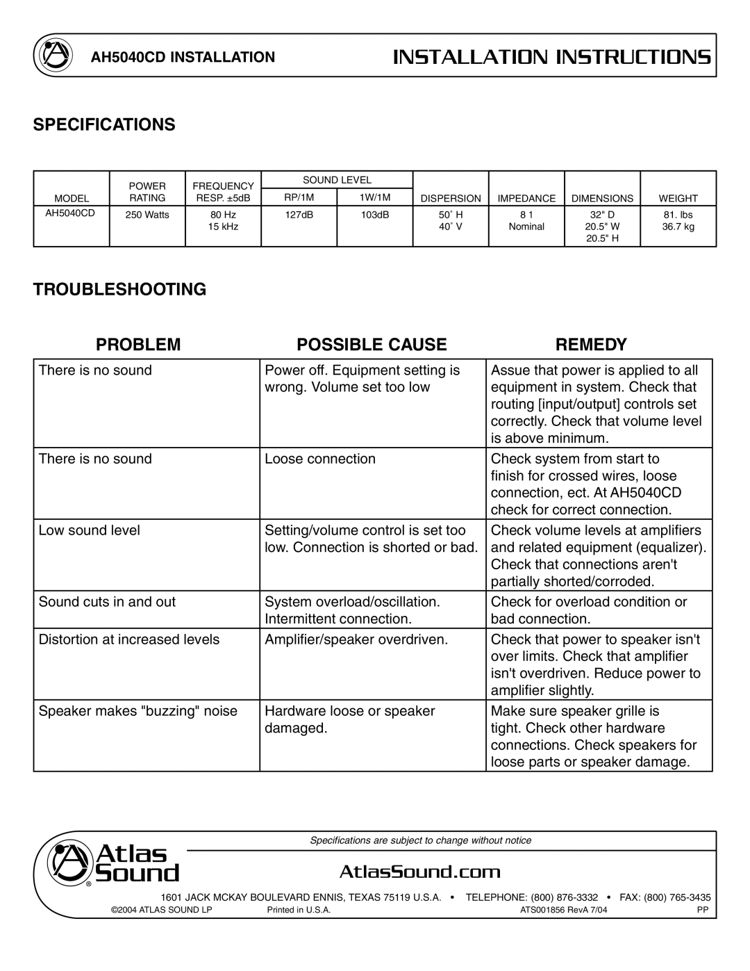 Atlas Sound AH5040CD specifications Specifications, Troubleshooting Problem Possible Cause Remedy 