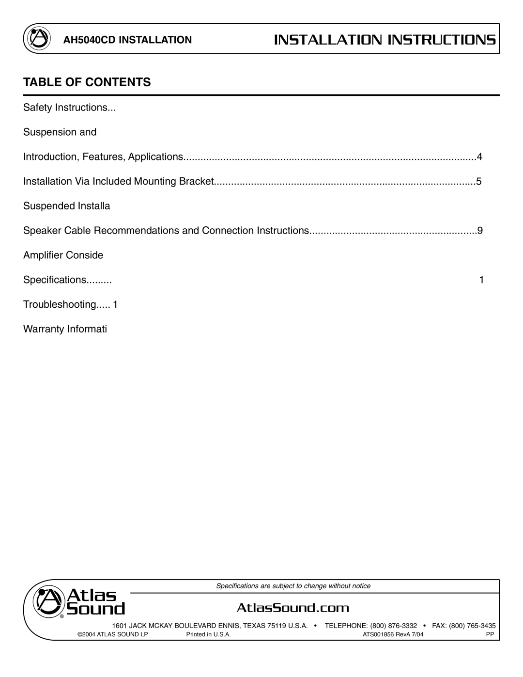 Atlas Sound AH5040CD specifications Installation Instructions, Table of Contents 