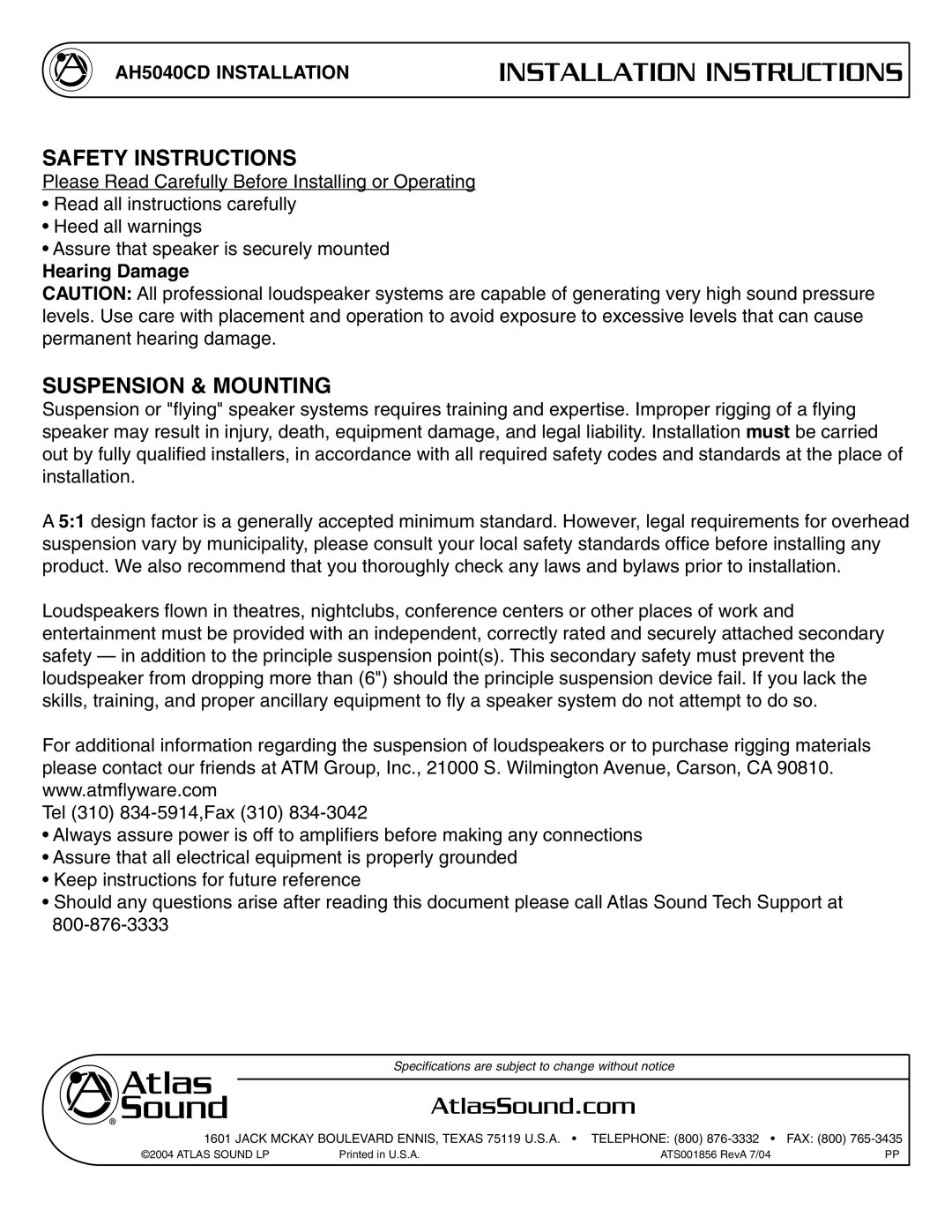 Atlas Sound AH5040CD specifications Safety Instructions, Suspension & Mounting, Hearing Damage 