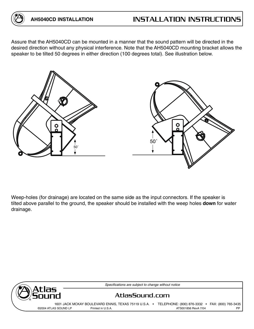 Atlas Sound AH5040CD specifications 50˚ 