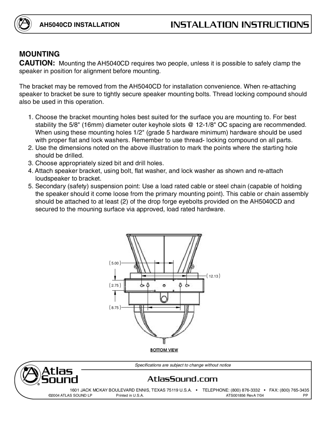 Atlas Sound AH5040CD specifications Mounting 