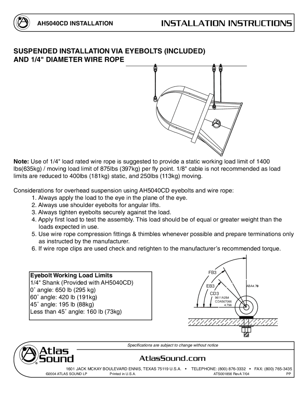 Atlas Sound AH5040CD specifications Eyebolt Working Load Limits 