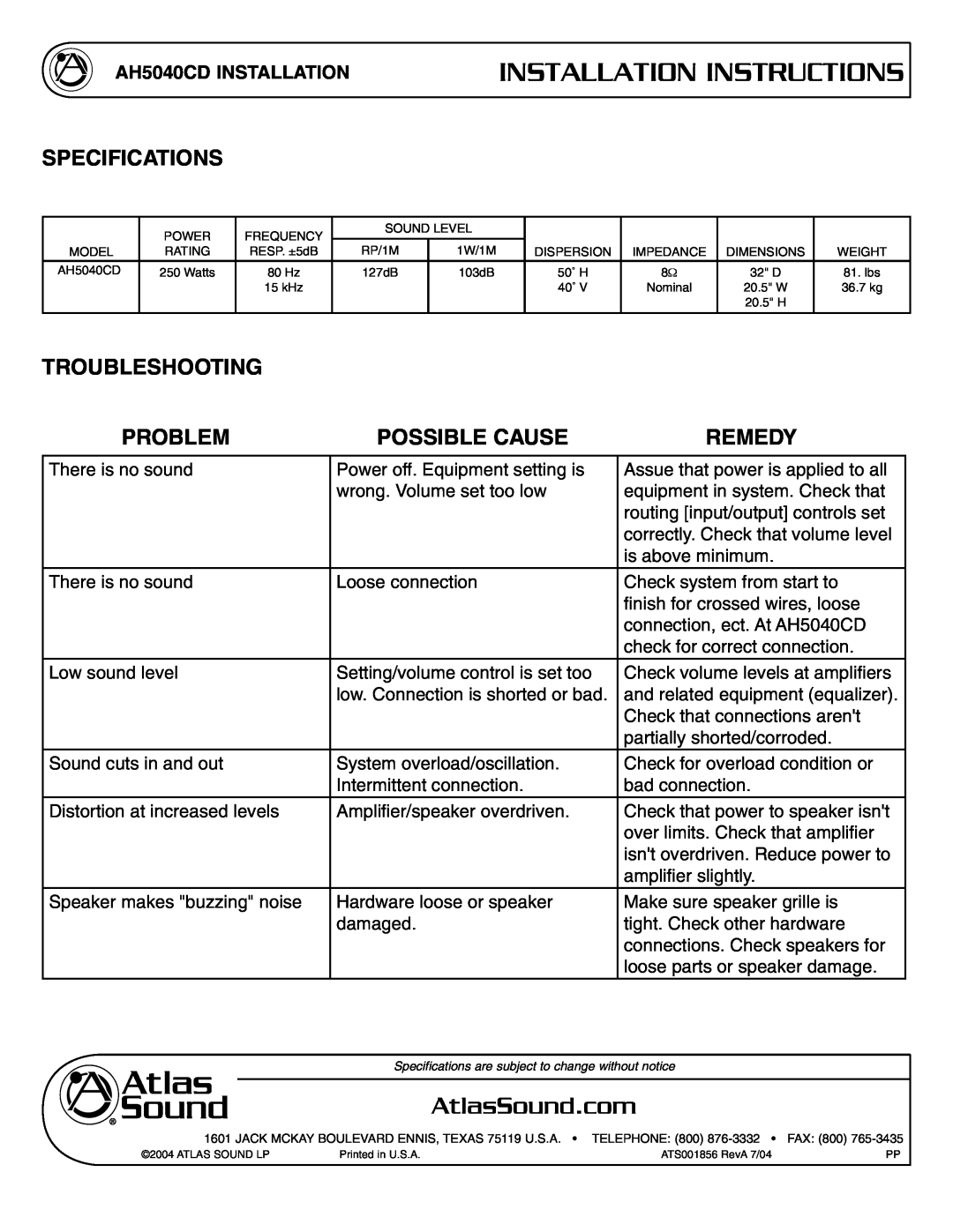 Atlas Sound AH5040CD Specifications, Troubleshooting, Problem, Possible Cause, Remedy, Installation Instructions 