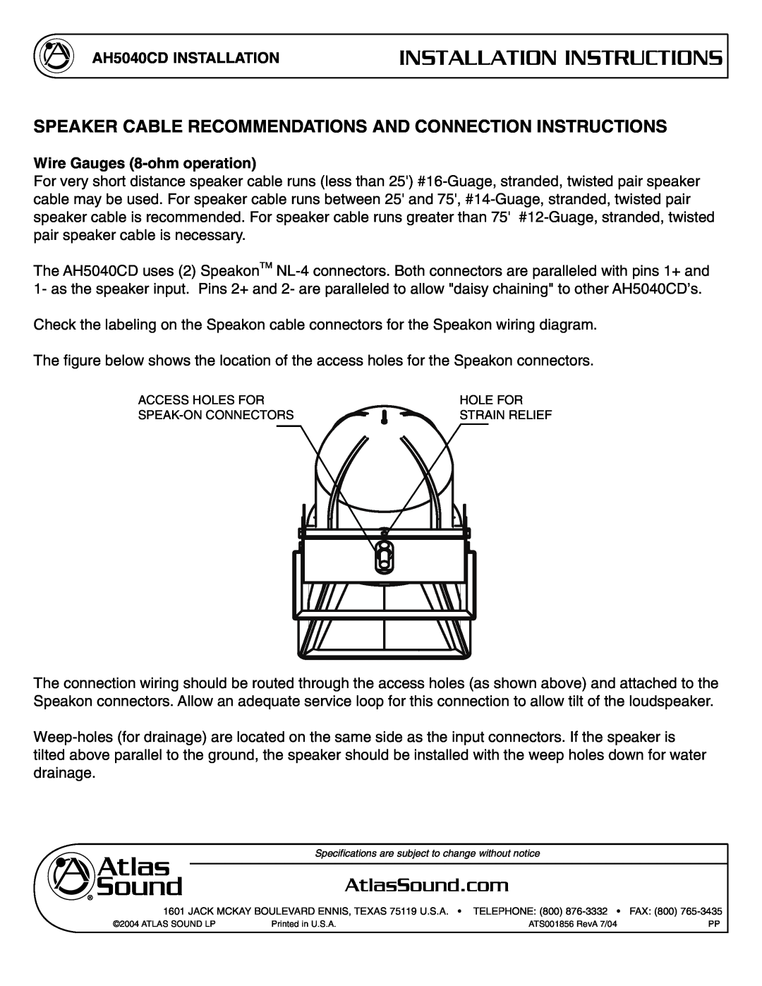 Atlas Sound Installation Instructions, AH5040CD INSTALLATION, Wire Gauges 8-ohmoperation, Access Holes For, Hole For 